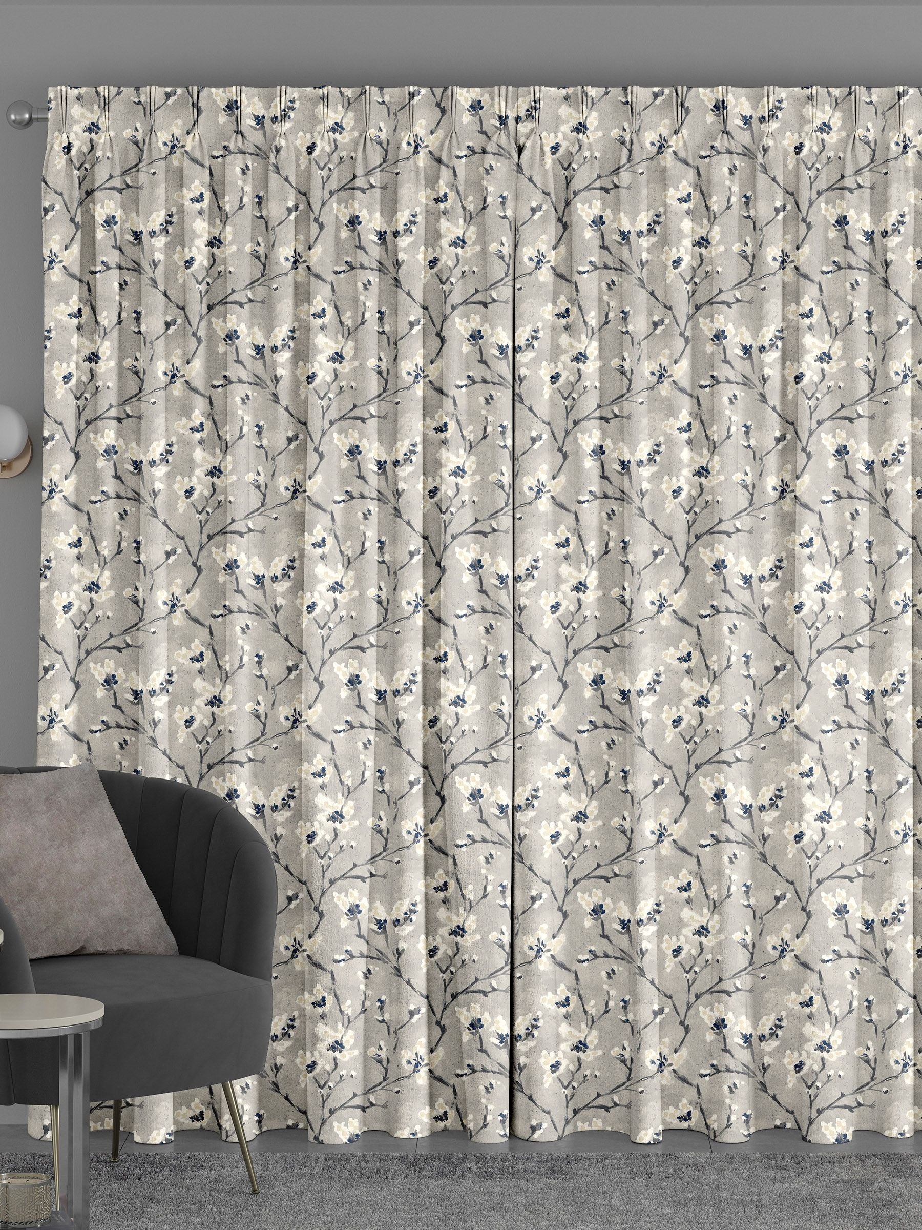 Grey Burley made to measure curtains with neutral branches and blue flowers - British product