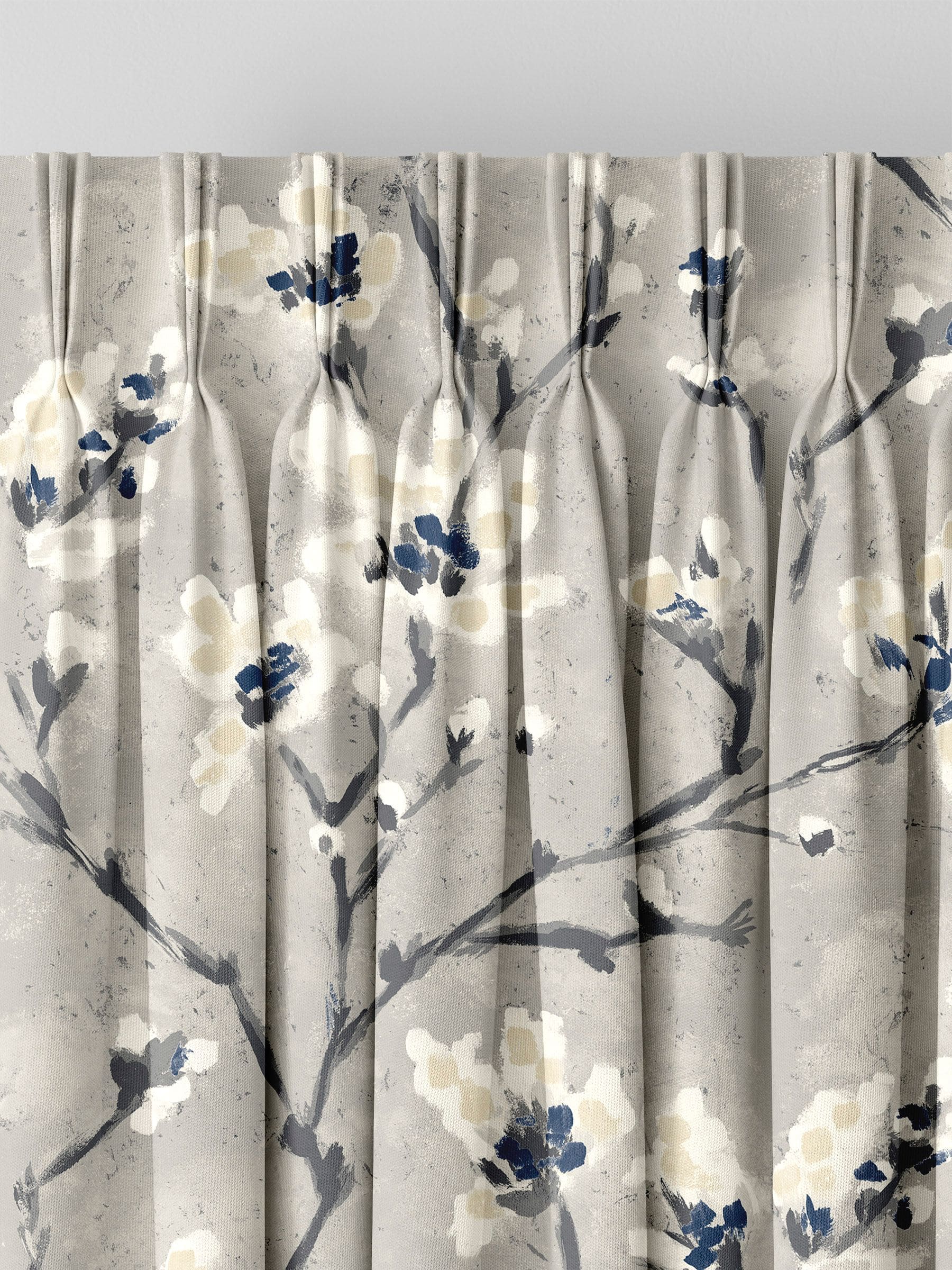 Grey Burley made to measure curtains with neutral branches and blue flowers - British product