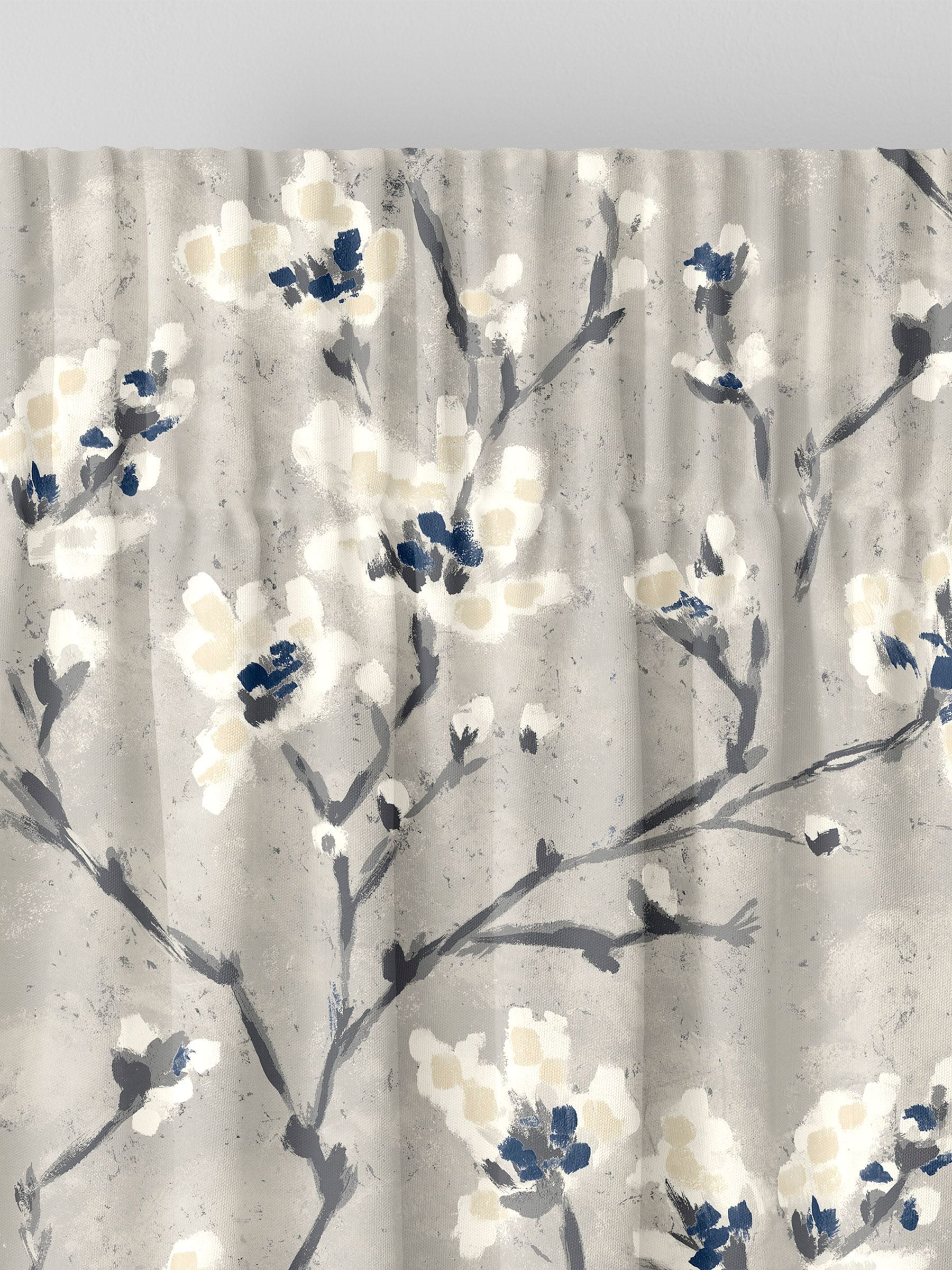 Grey Burley made to measure curtains with neutral branches and blue flowers - British product