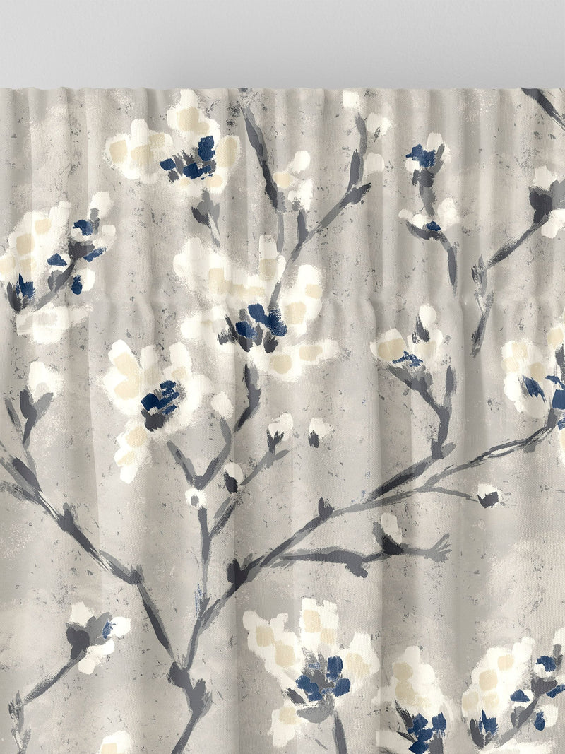 Grey Burley made to measure curtains with neutral branches and blue flowers - British product