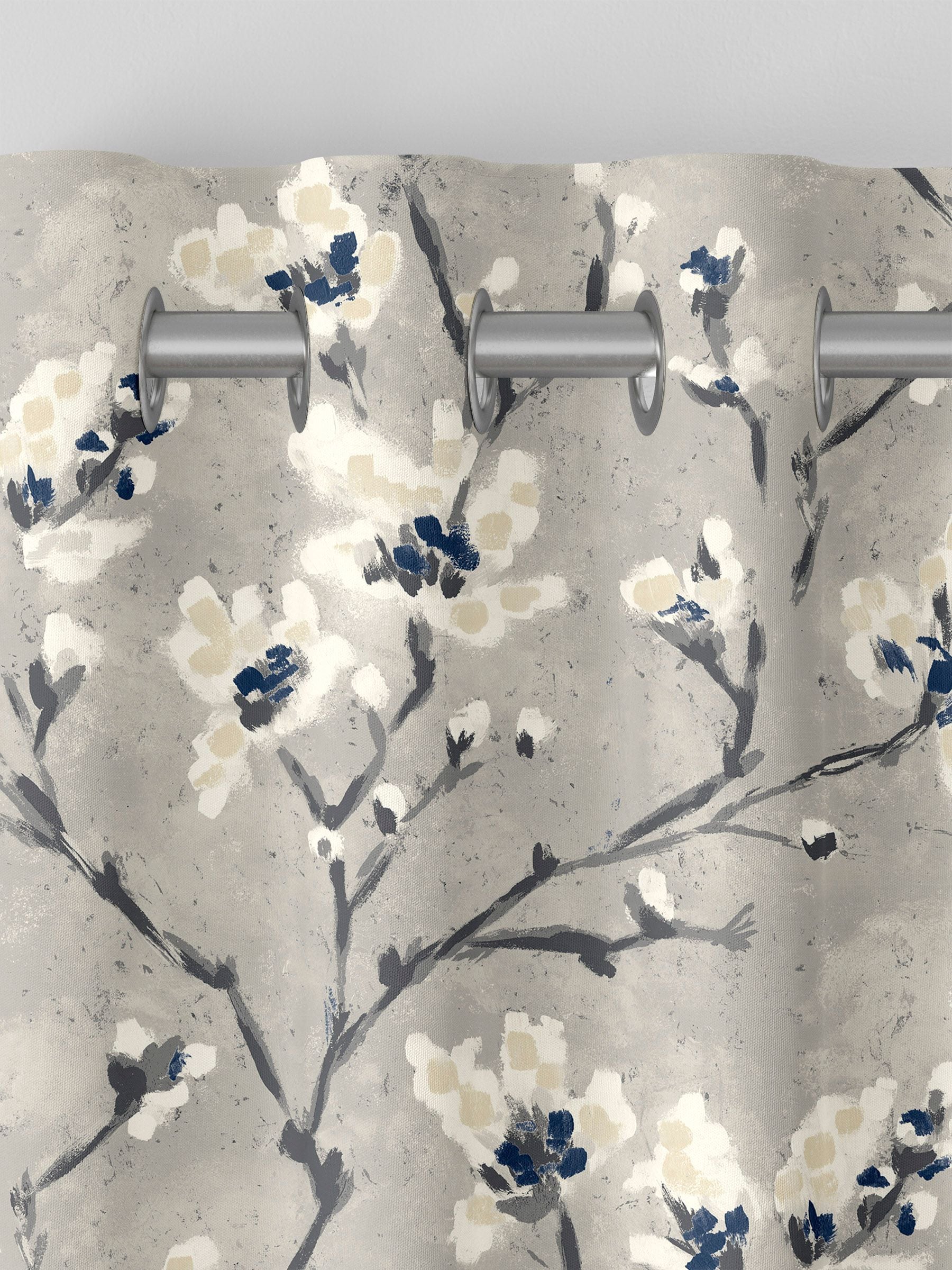 Grey Burley made to measure curtains with neutral branches and blue flowers - British product