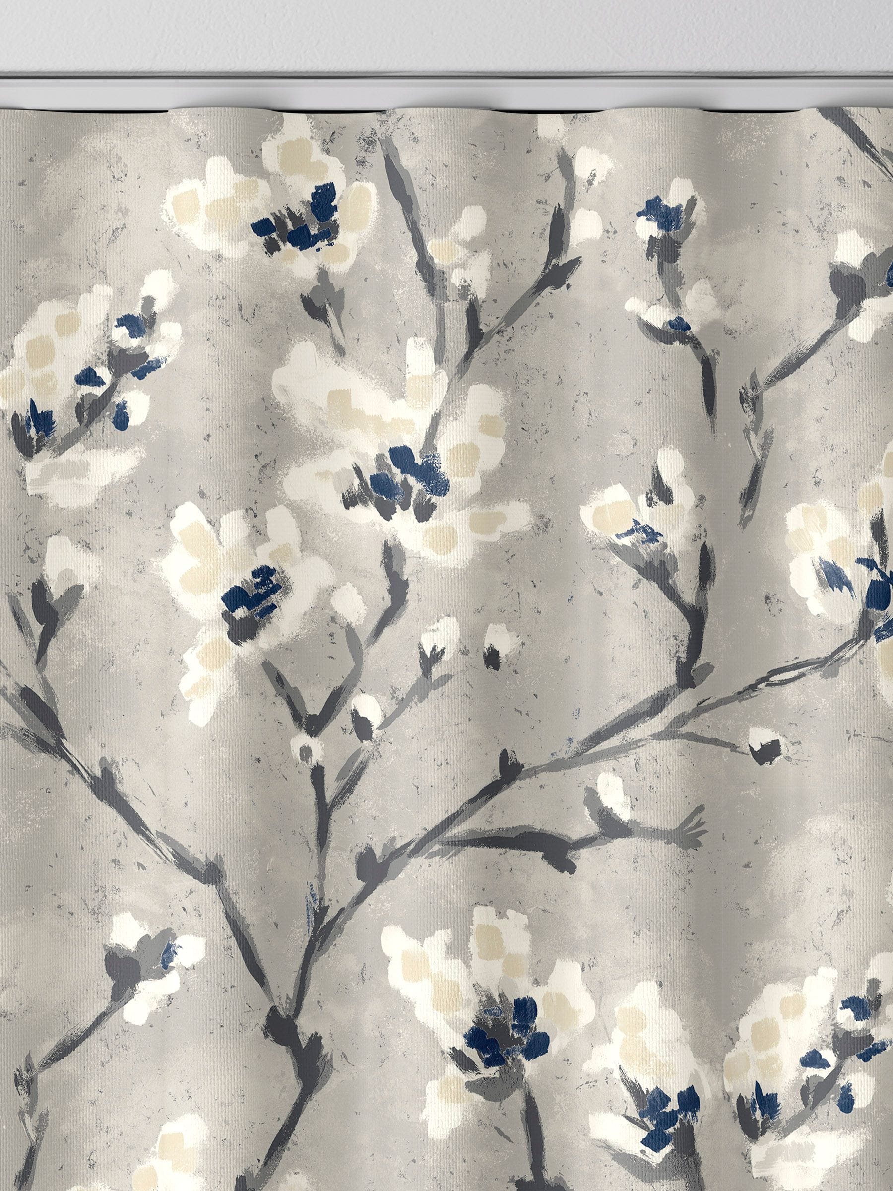 Grey Burley made to measure curtains with neutral branches and blue flowers - British product