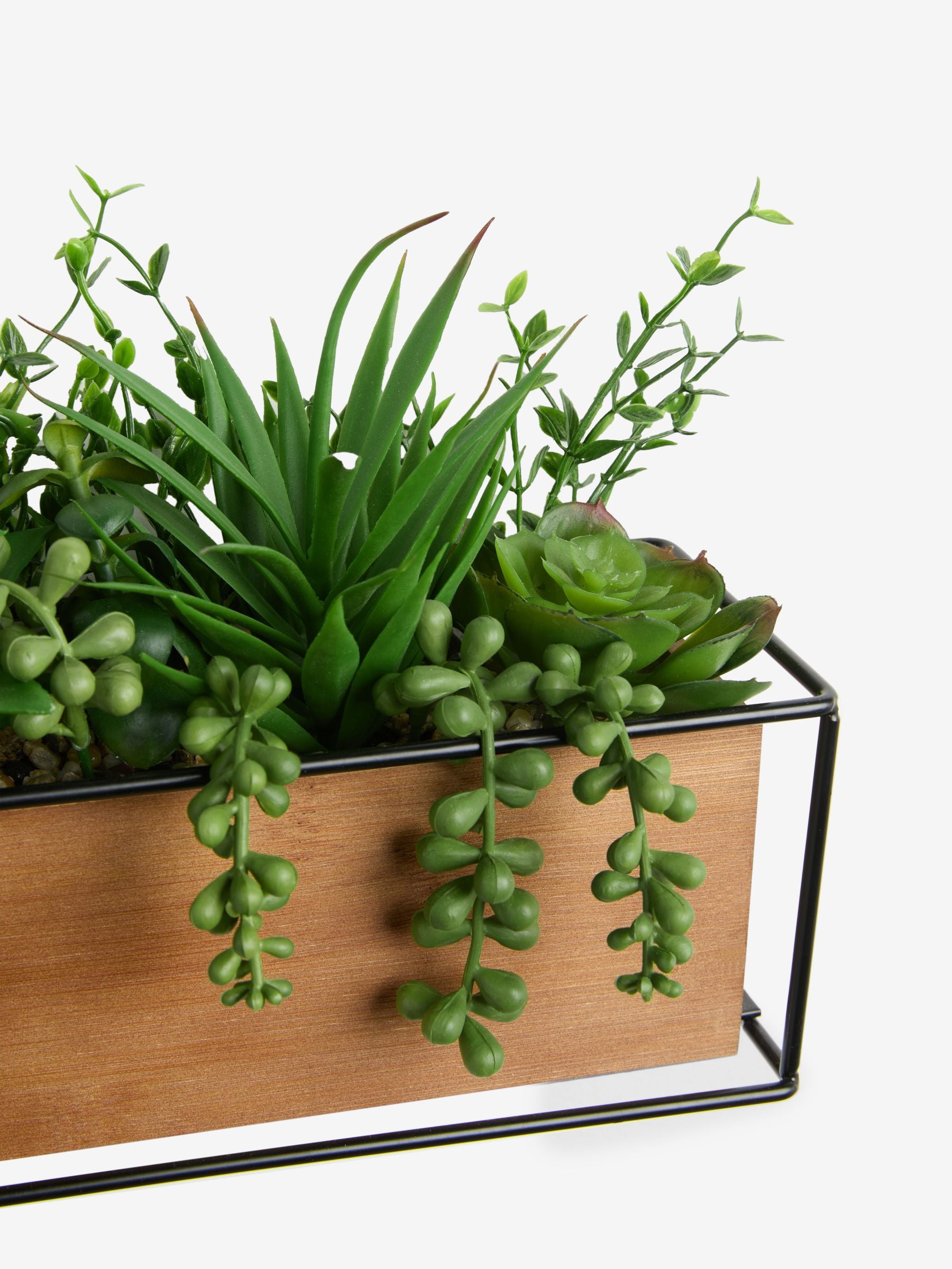 Green artificial succulent garden Bronx wood trough 22x13x29cm, UK version