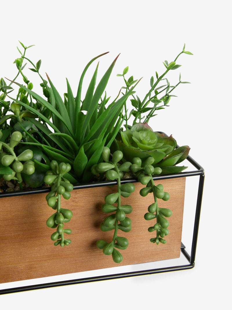 Green artificial succulent garden Bronx wood trough 22x13x29cm, UK version
