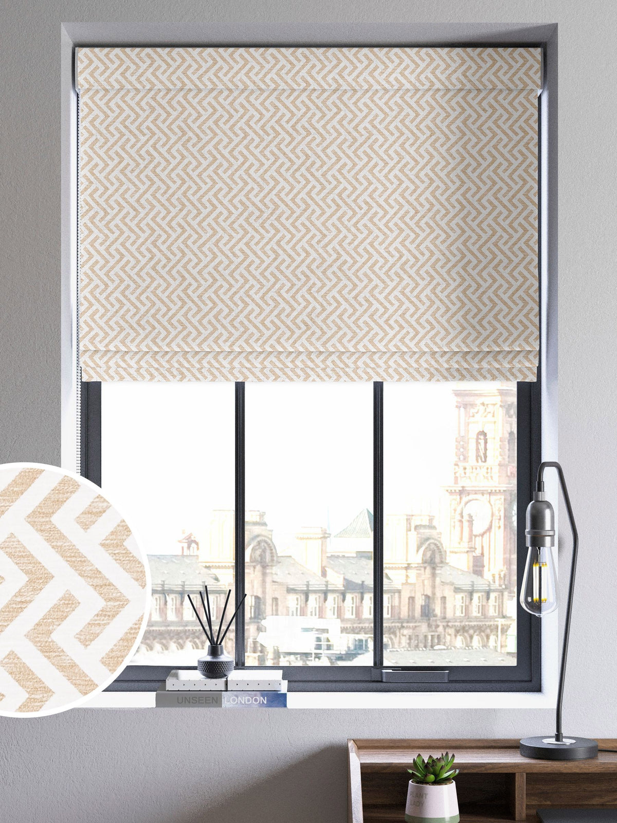 Natural Amble roman blind with gold geometric design - British product