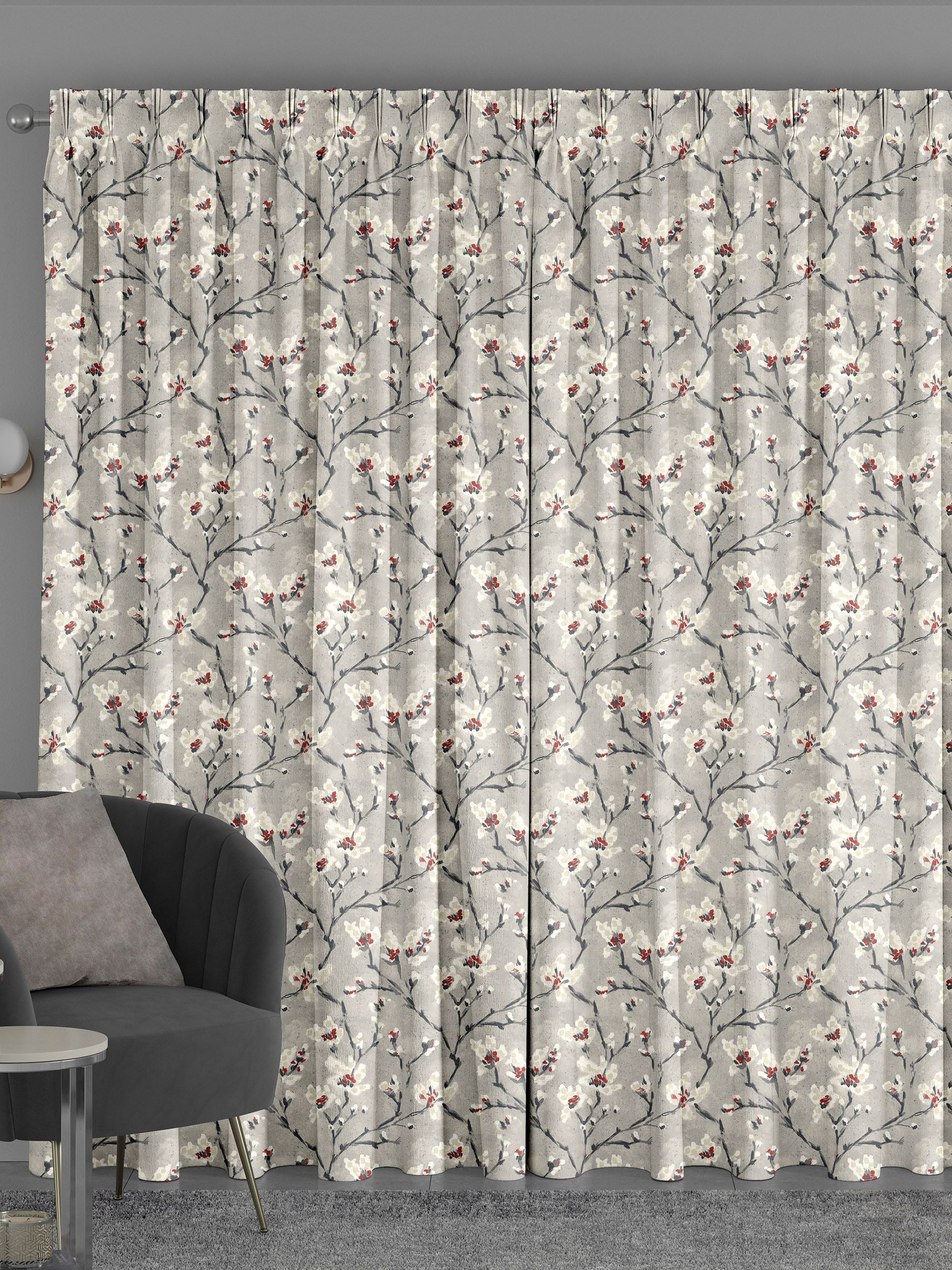 Red Burley made to measure curtains with red flowers - British product