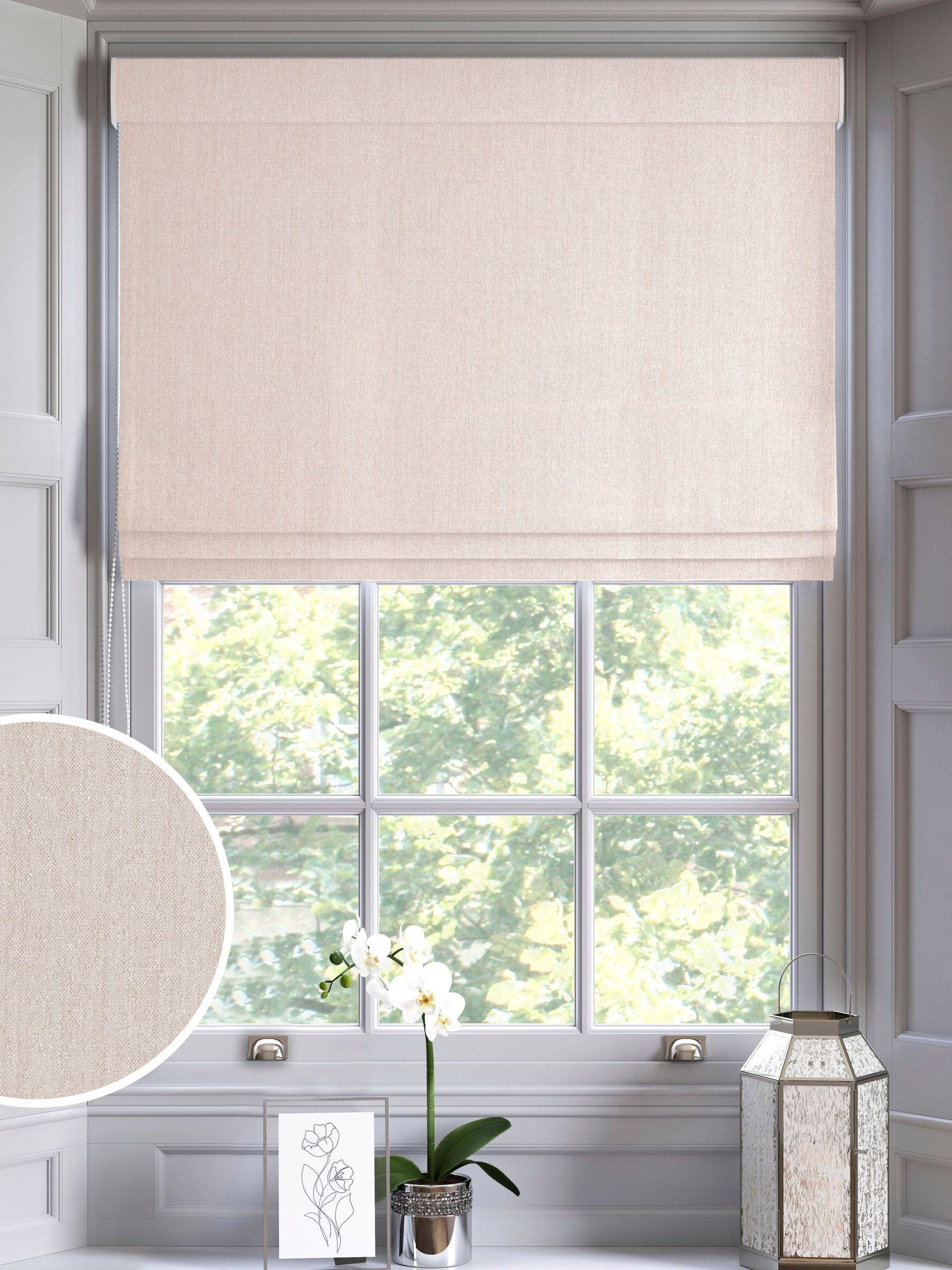 Pink glittery made to measure roman blind, imported from the UK