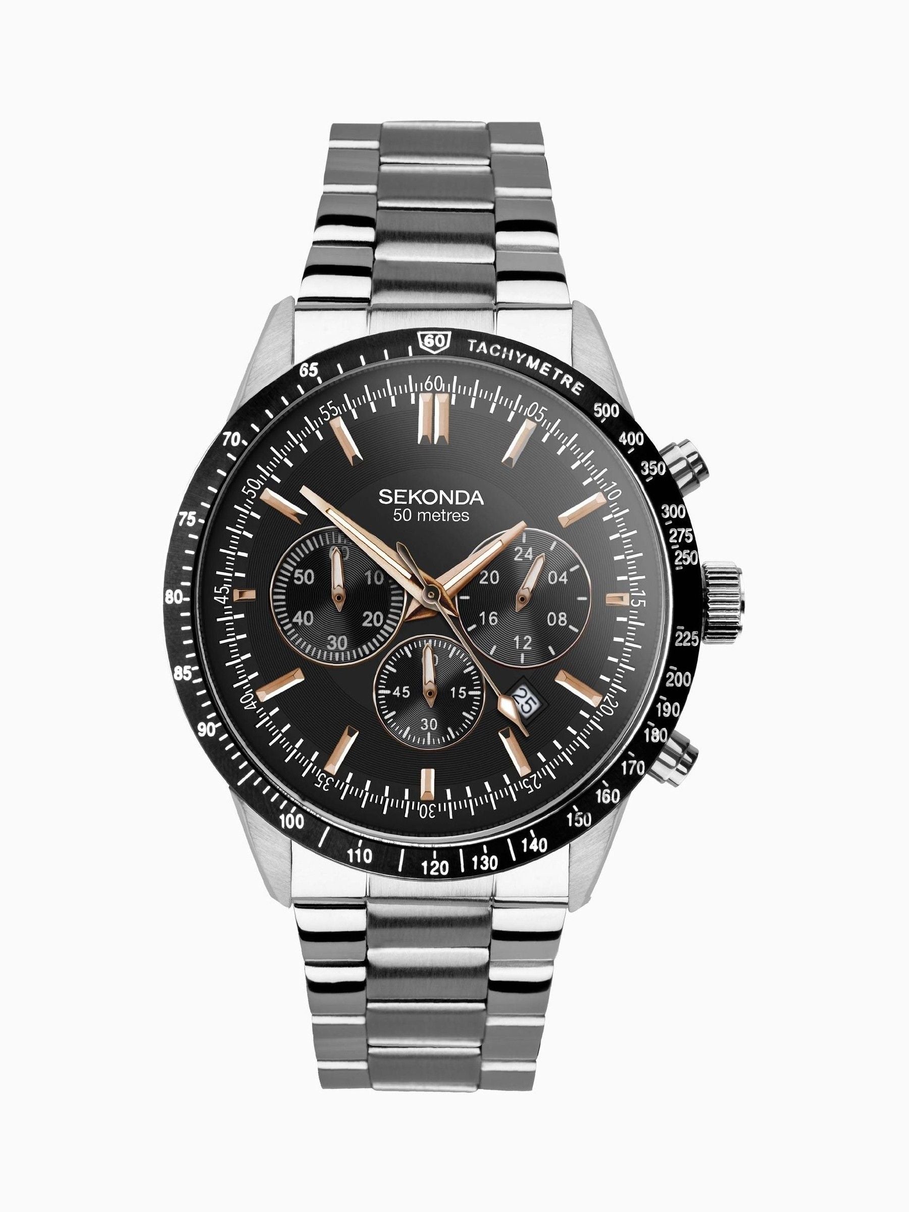 Sekonda Black Stainless Steel Bracelet Chronograph Watch 45mm (British brand)