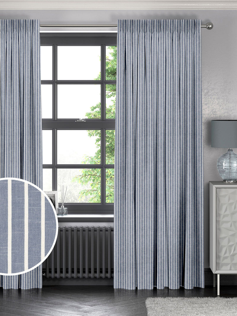 Franklin navy stripe made to measure curtains, imported from the UK