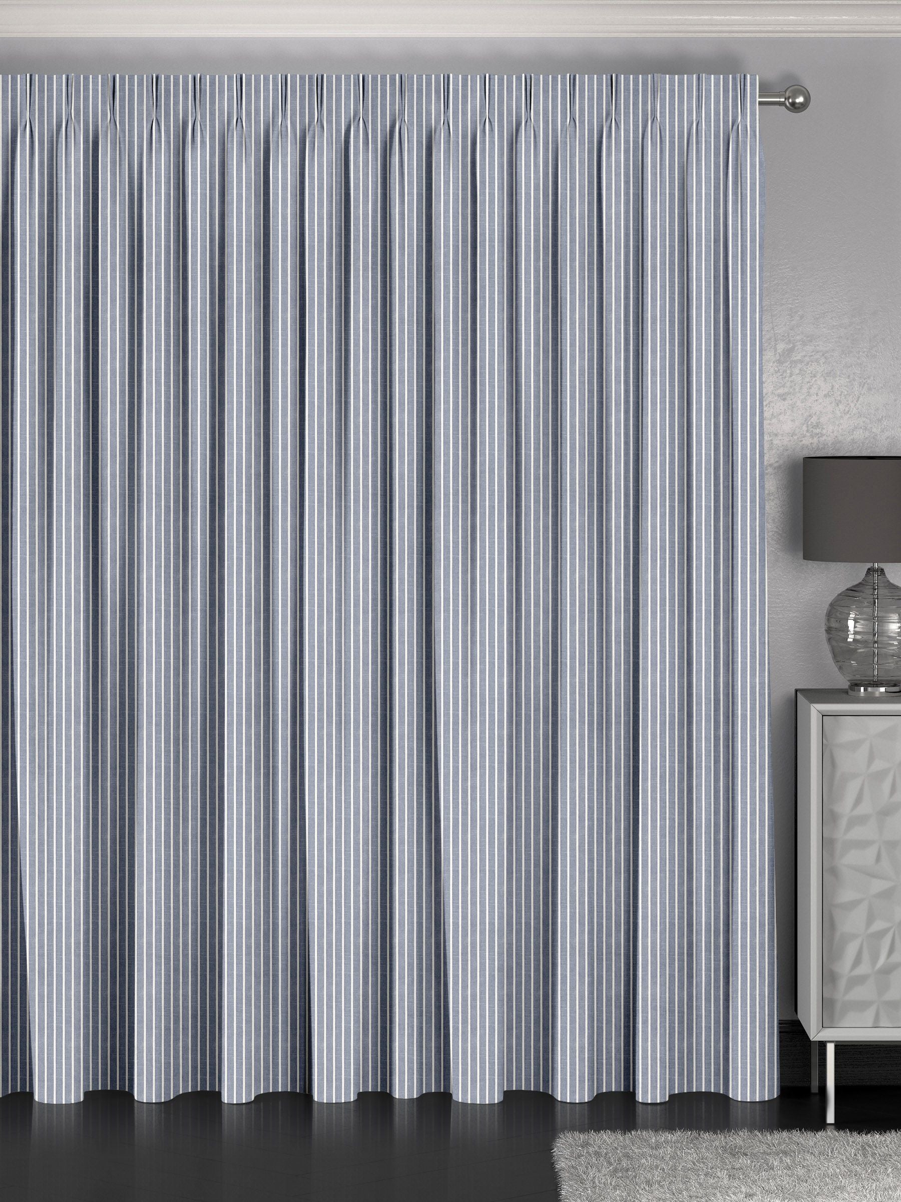 Franklin navy stripe made to measure curtains, imported from the UK