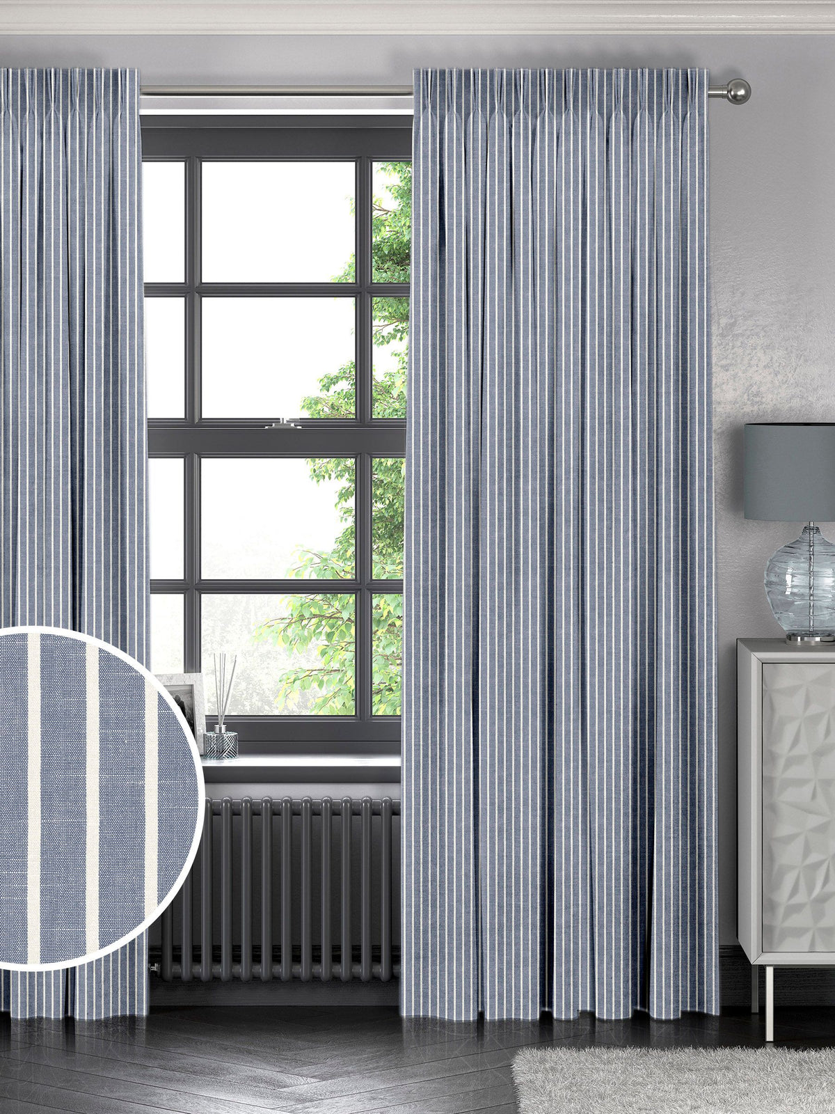 Franklin navy stripe made to measure curtains, imported from the UK