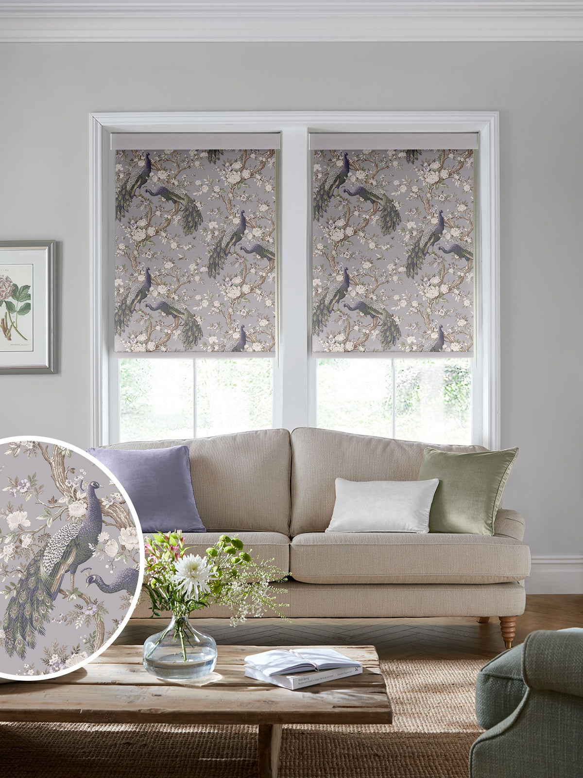 Laura Ashley Belvedere roller blind with purple peacock floral design (British brand)