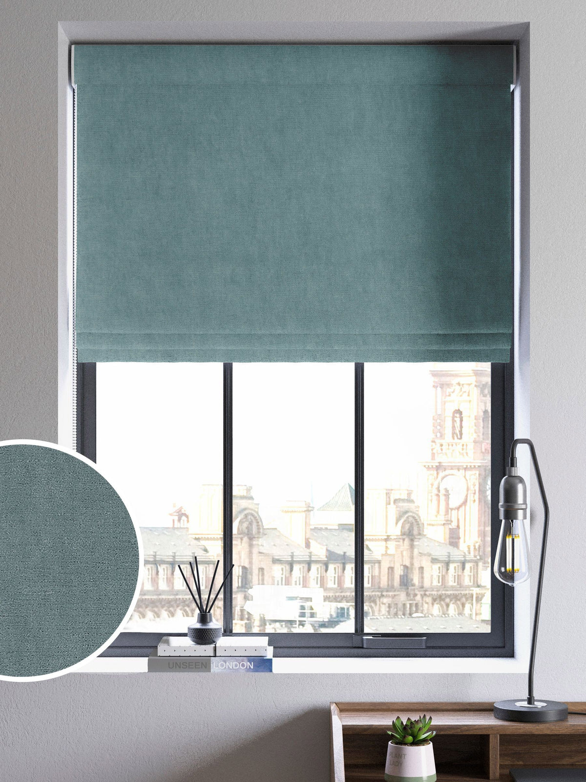 Riviera Blue roman blind, UK version