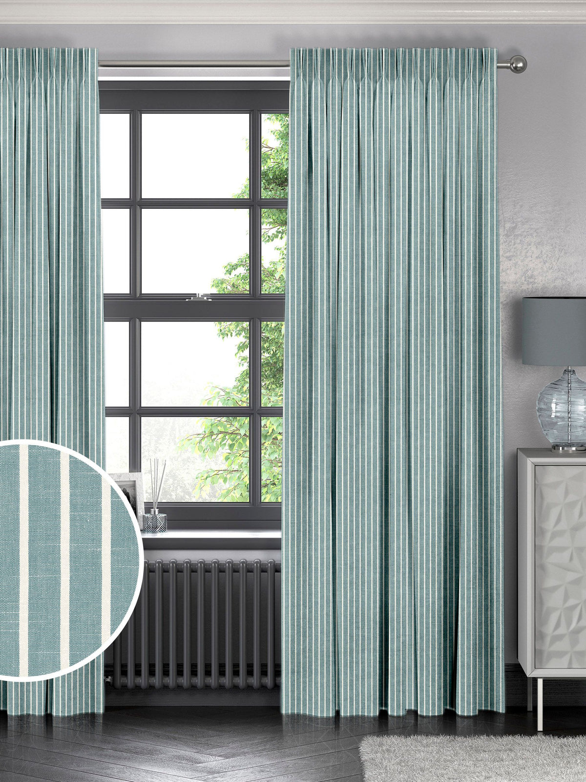 Franklin teal blue made to measure curtains, imported from the UK
