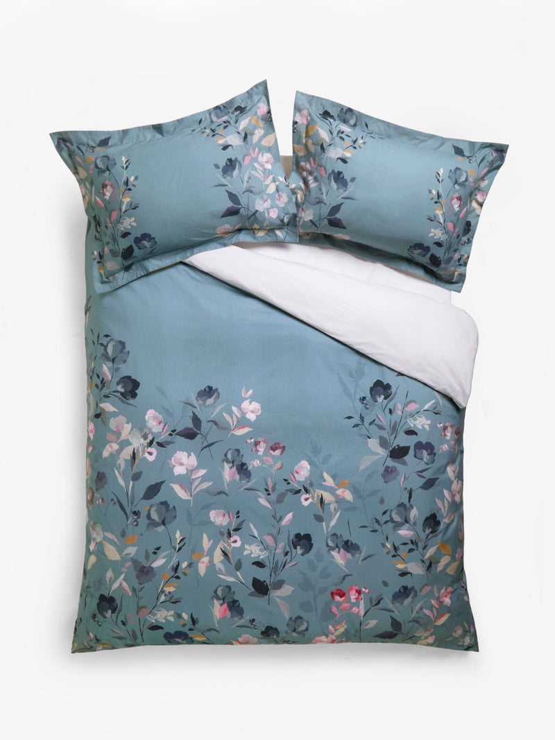 Blue/White Floral Oxford Edge Reversible 100% Cotton Duvet Cover and Pillowcase Set