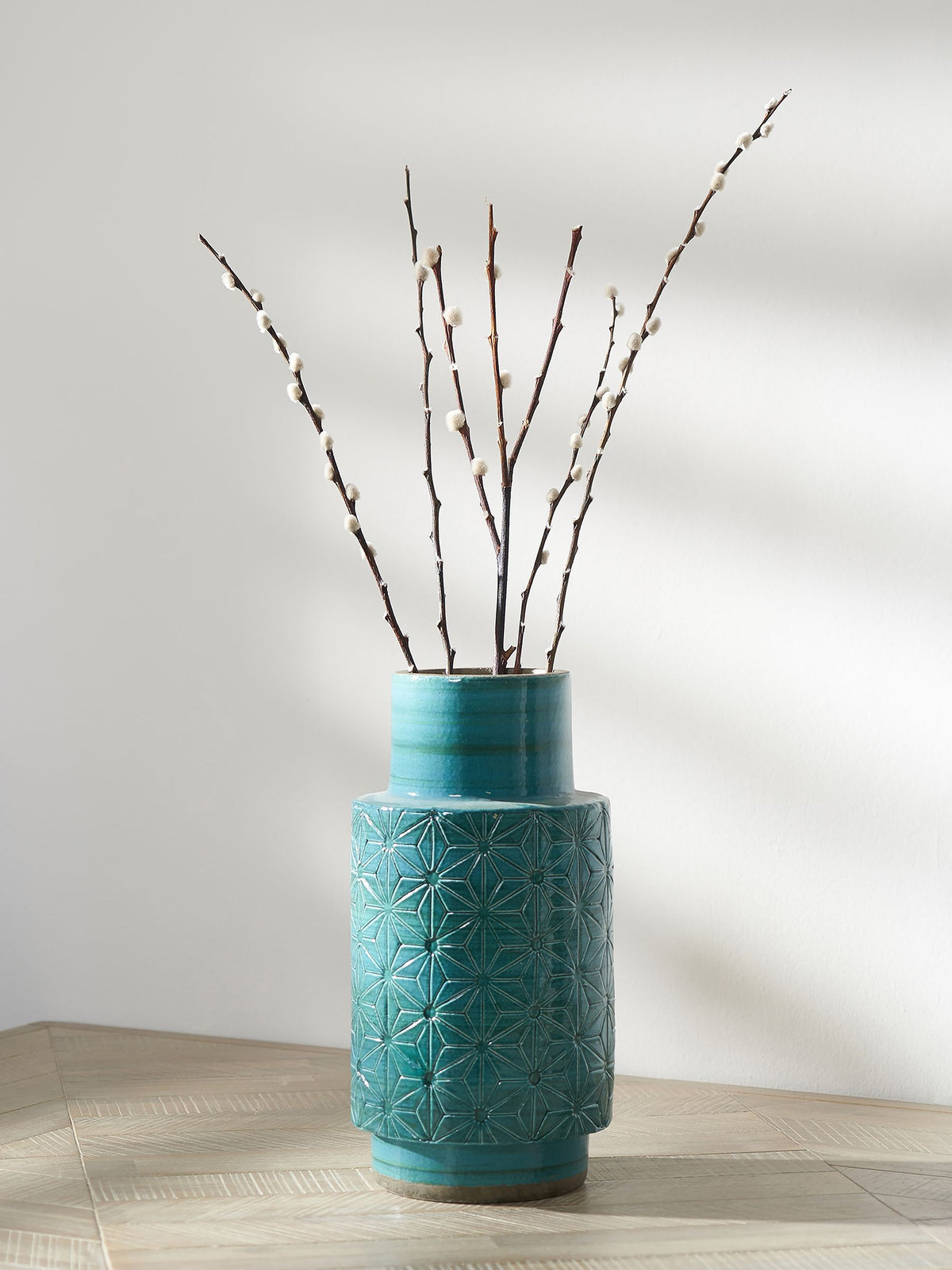 Pacific Aquamarine Blue Sidra Stoneware Etch Detail Vase