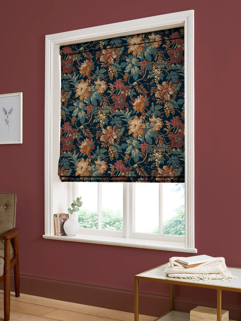 Graham & Brown Florenzia Dusk Blue Roman blind, imported from the UK