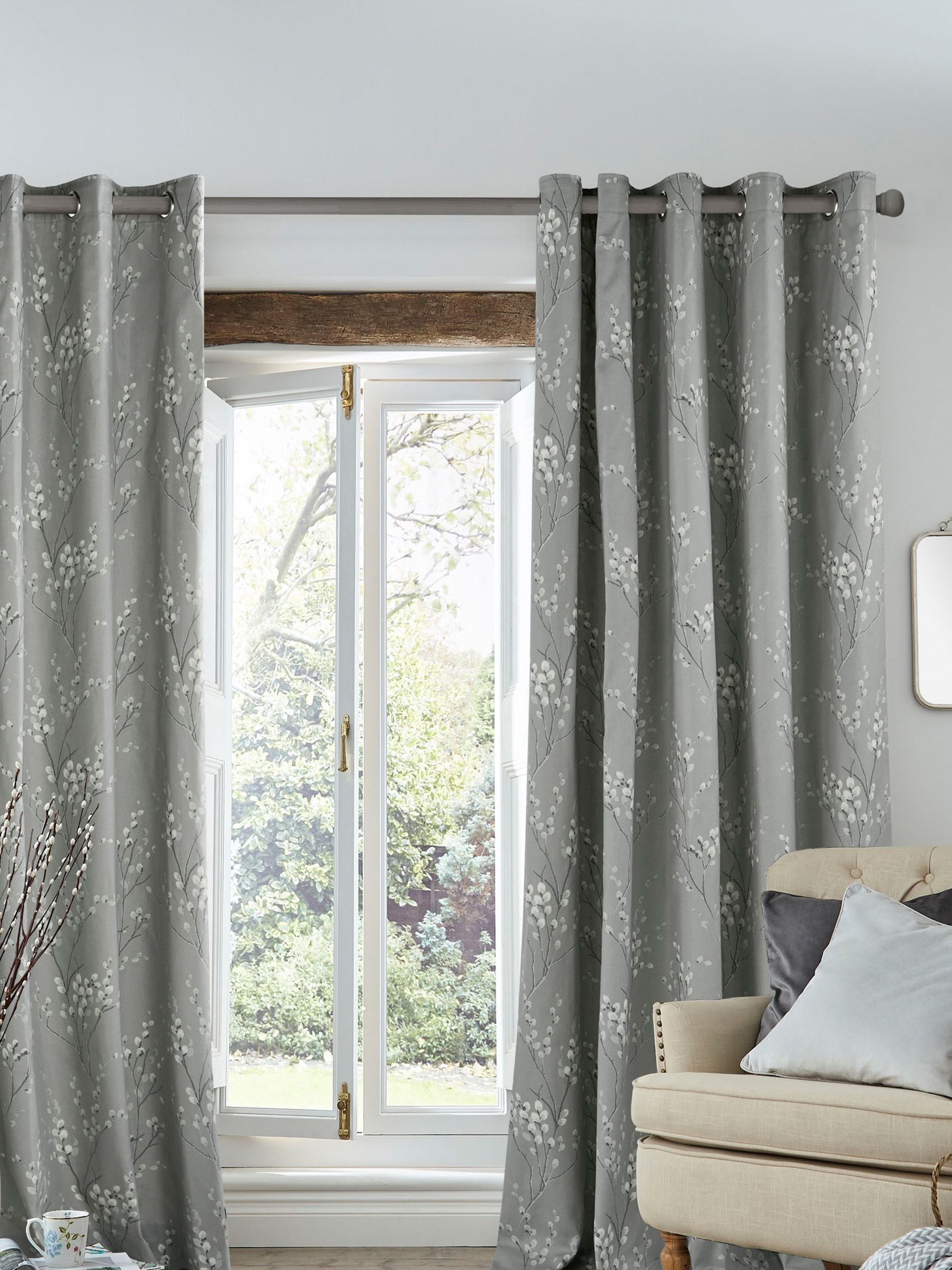 Laura Ashley grey steel pussy willow lined eyelet curtains 112cm x 137cm - British product