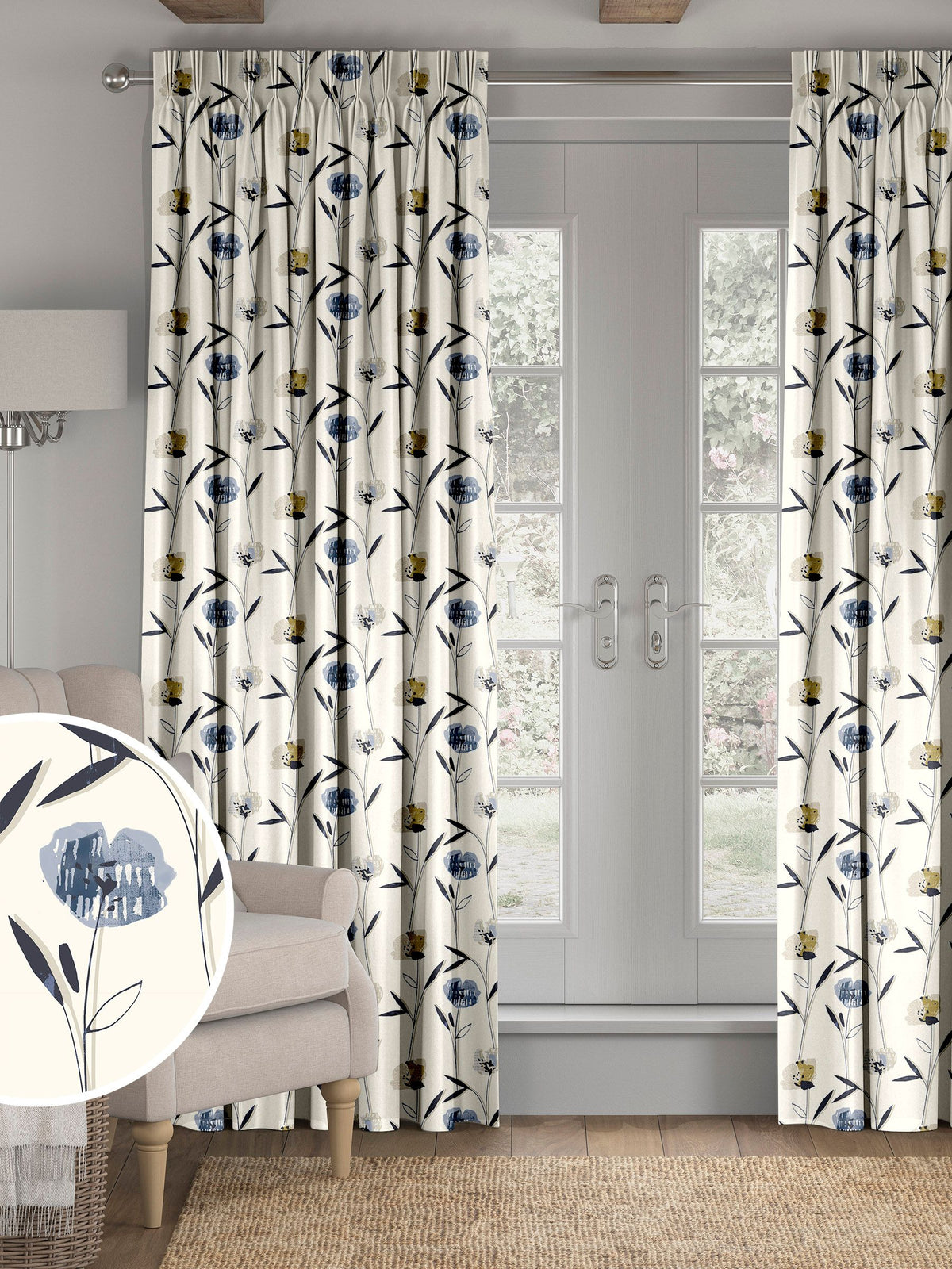 Blue Hetty made to measure curtains in 100% cotton, UK version