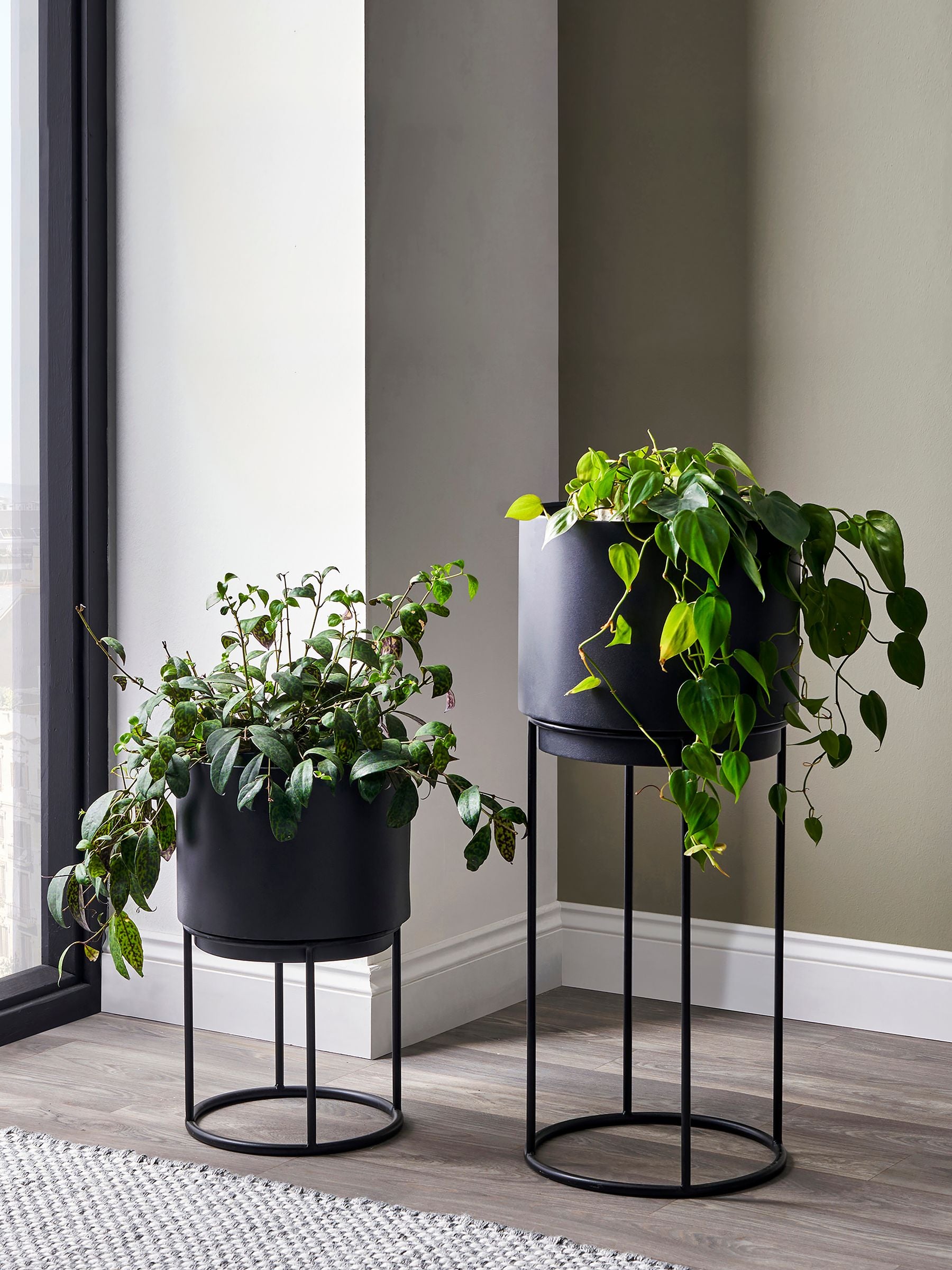 Planters set of 2 graphite metal 76cm tall, imported from the UK