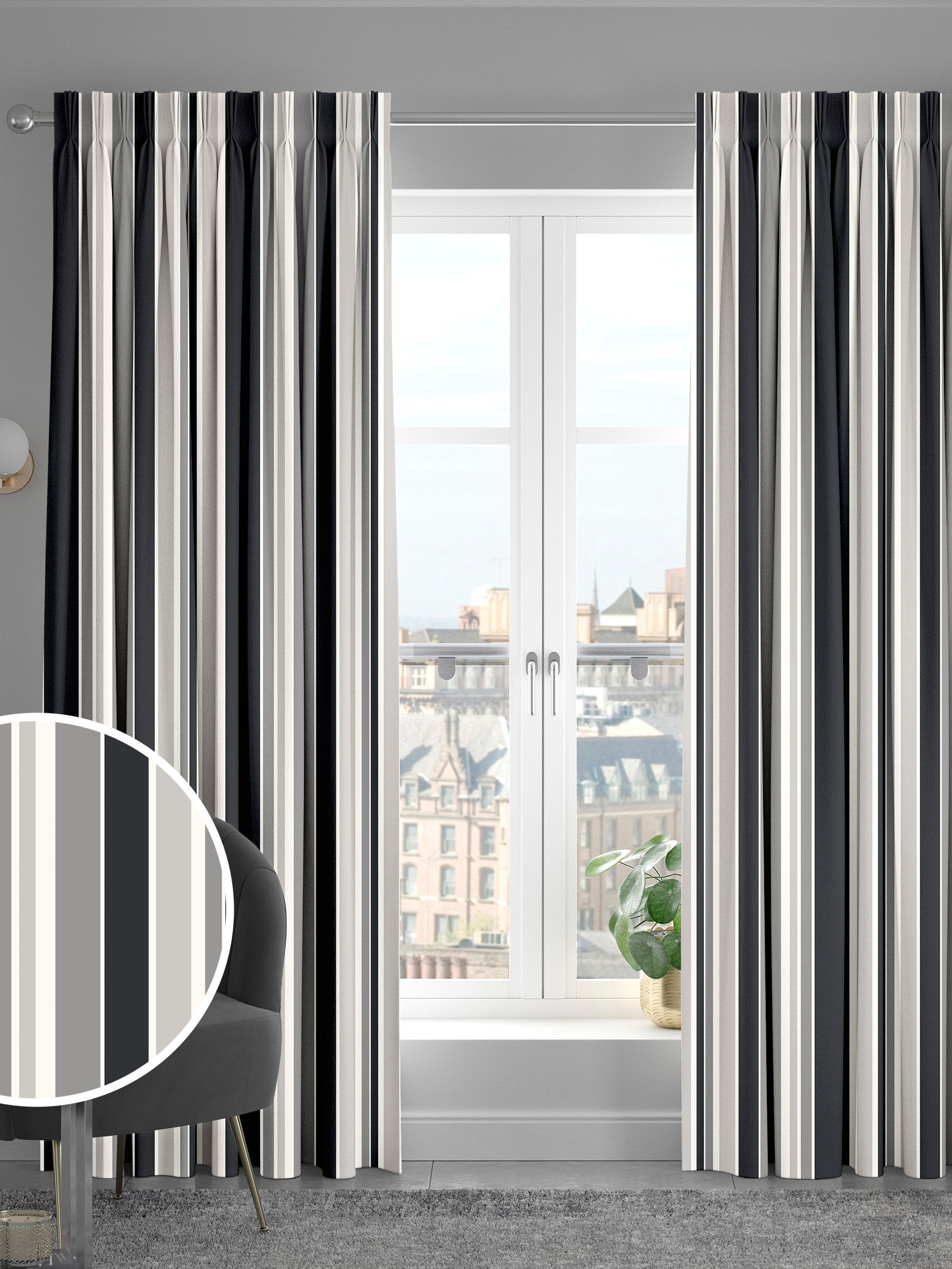 Black Huddson made to measure curtains with grey and black stripes, imported from the UK