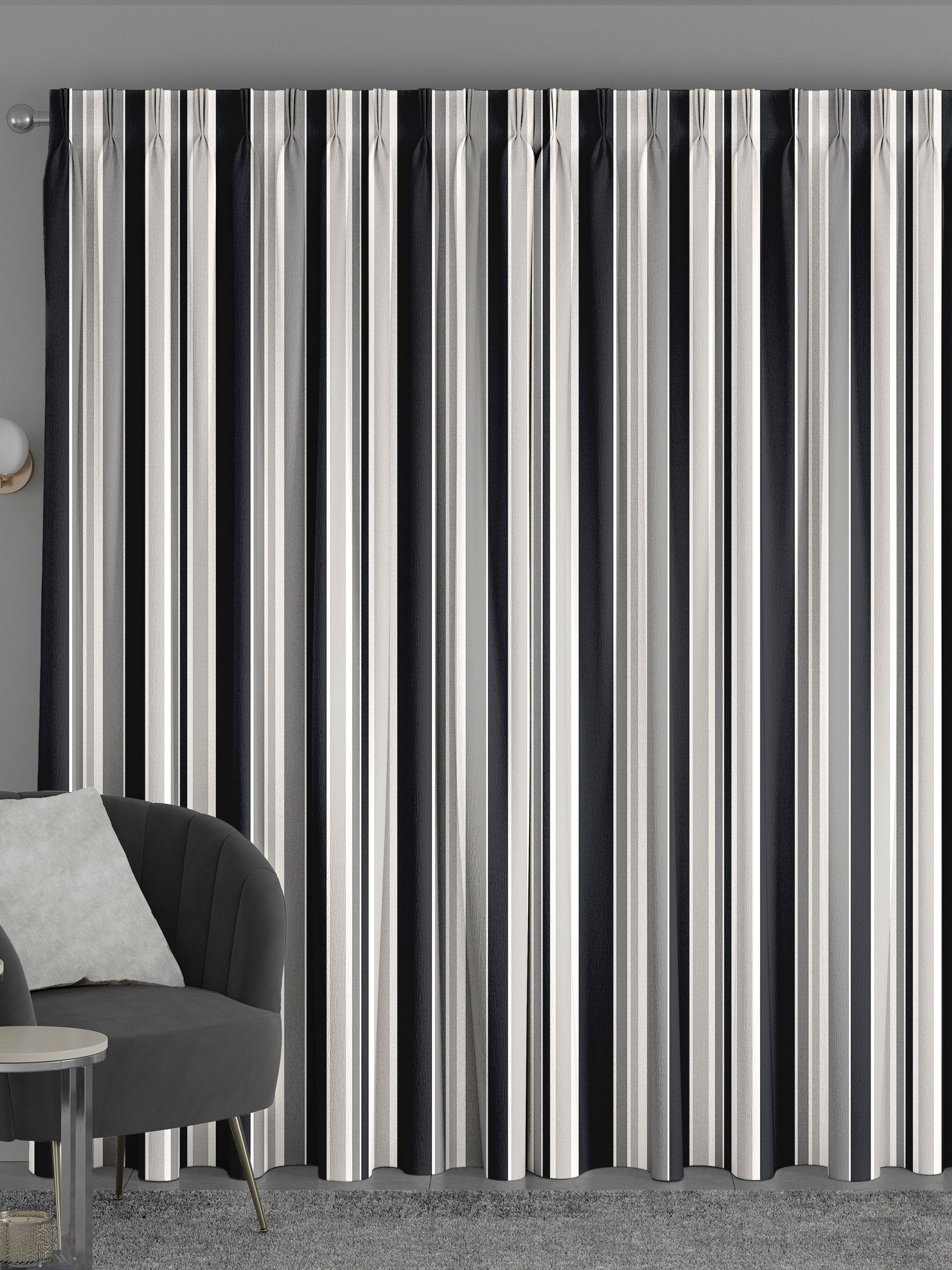 Black Huddson made to measure curtains with grey and black stripes, imported from the UK