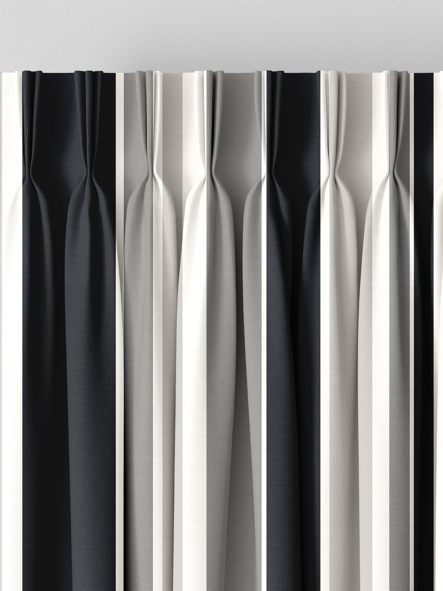 Black Huddson made to measure curtains with grey and black stripes, imported from the UK