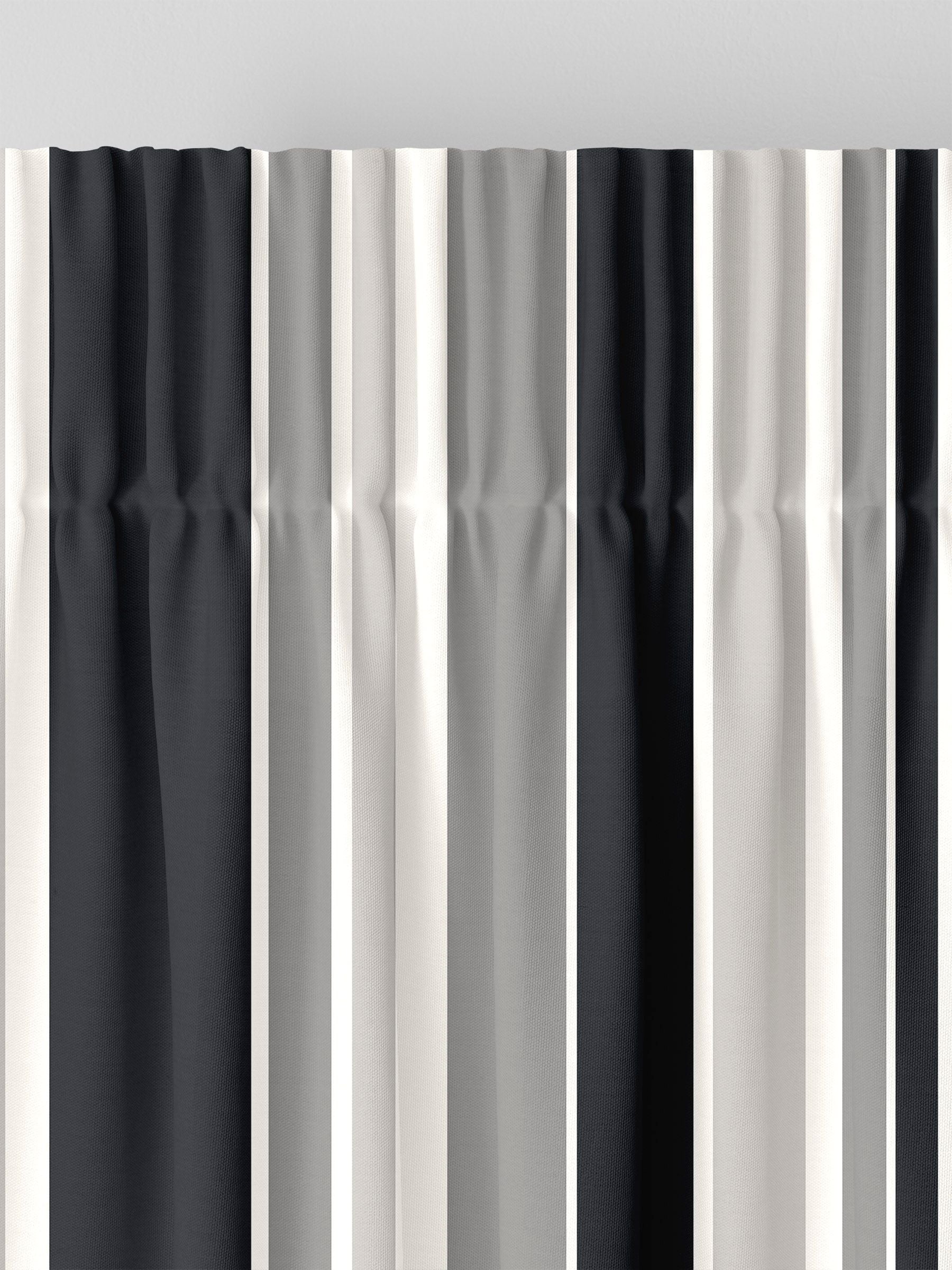 Black Huddson made to measure curtains with grey and black stripes, imported from the UK