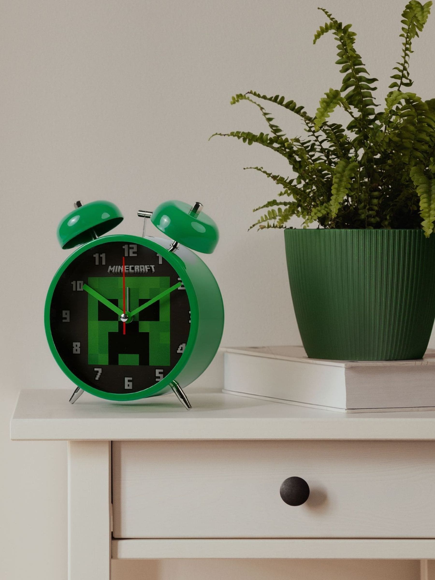 Peers Hardy green Minecraft twin bell alarm clock, UK version