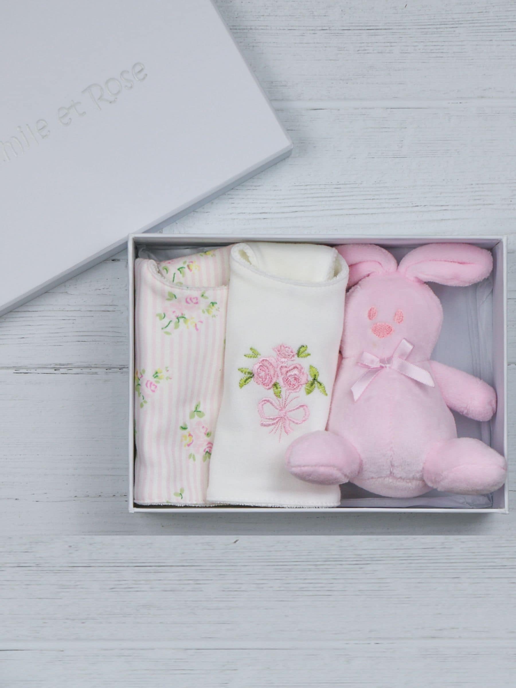 Emile Et Rose pink floral embroidered bib gift set, UK version