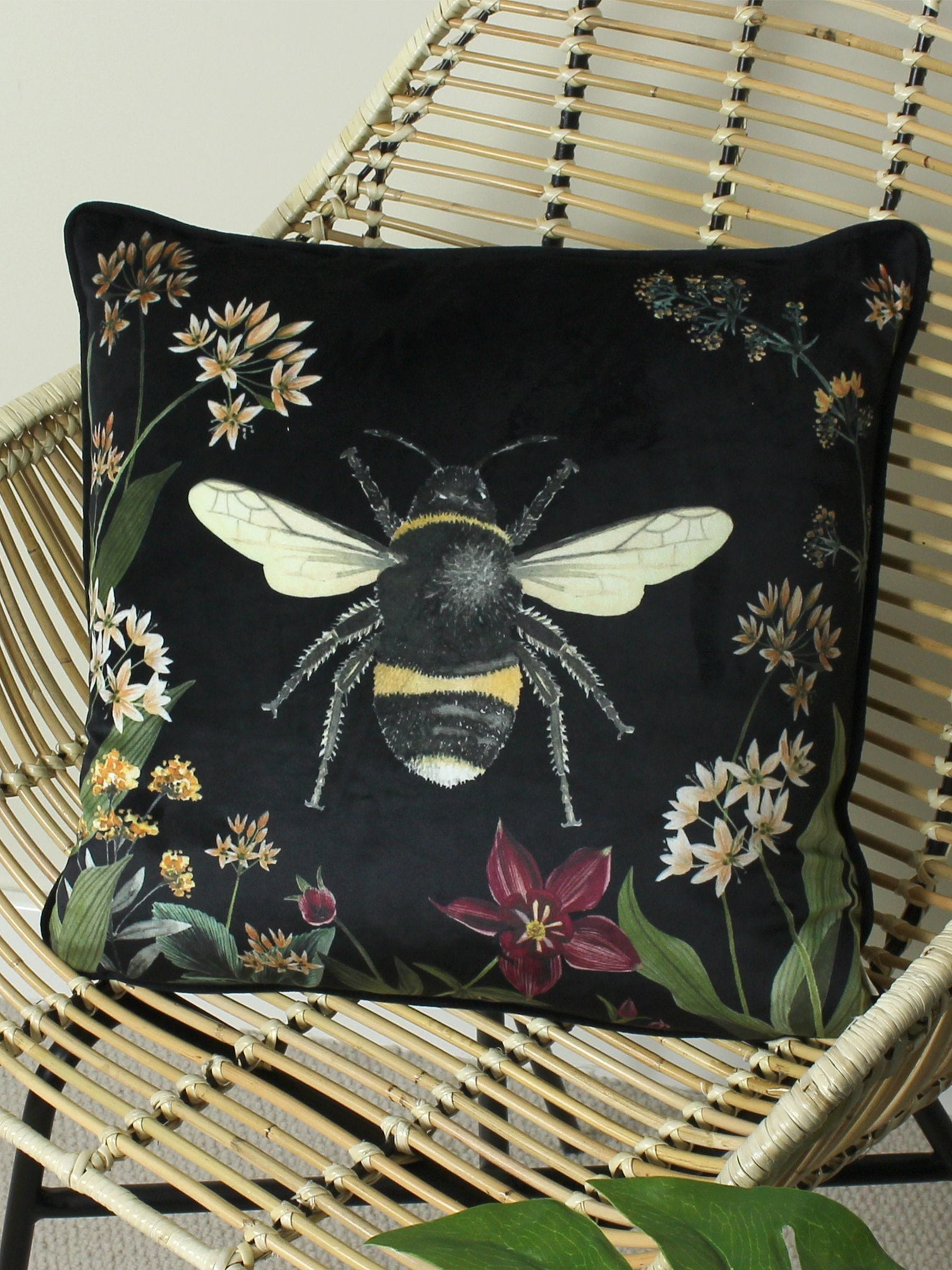 Evans Lichfield midnight garden bee print velvet cushion 43x43cm, UK version