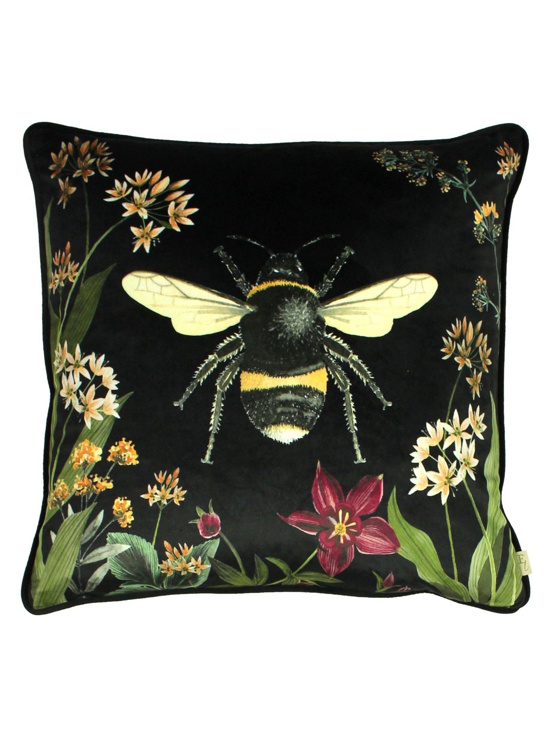 Evans Lichfield midnight garden bee print velvet cushion 43x43cm, UK version