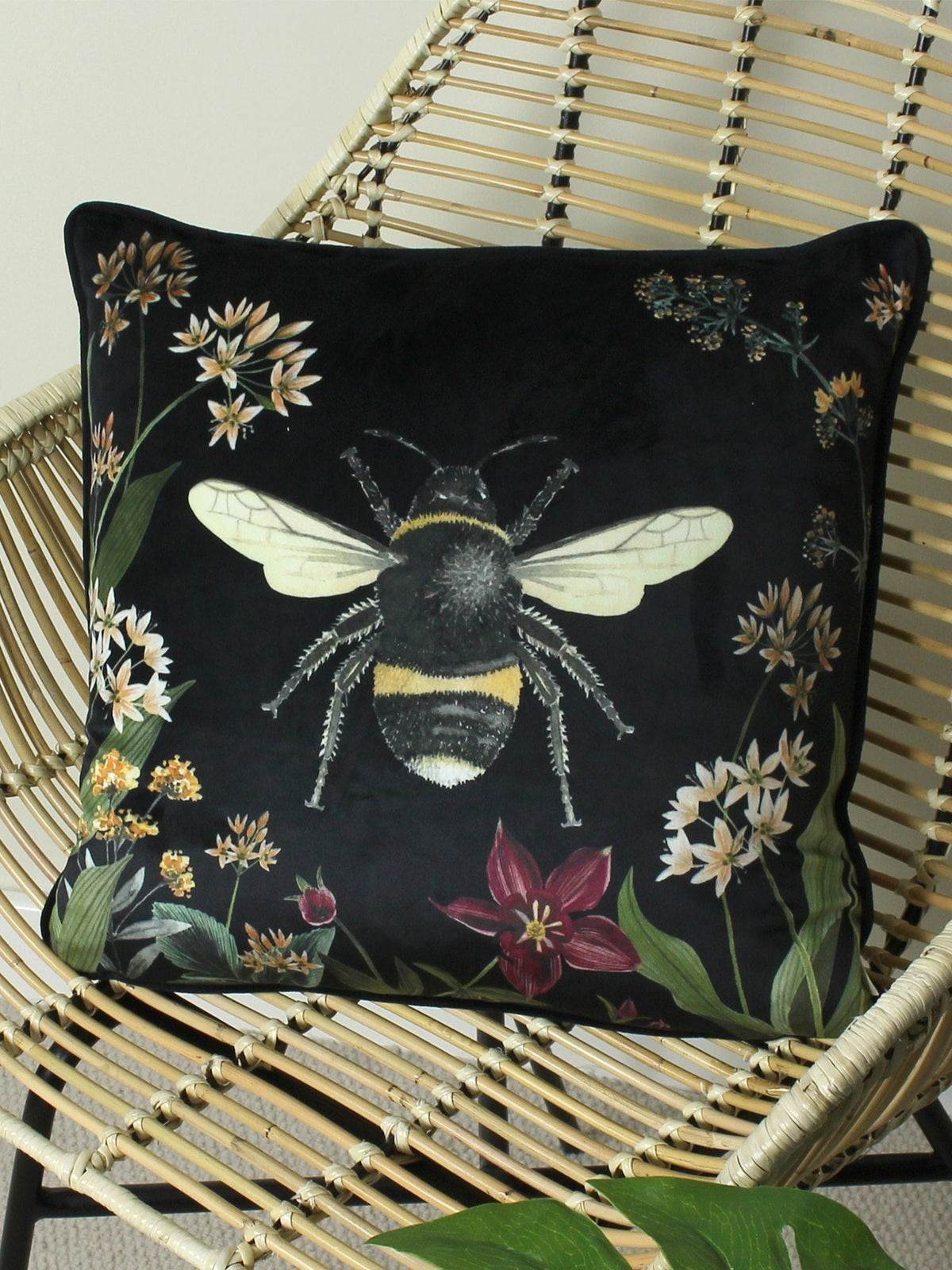 Evans Lichfield midnight garden bee print velvet cushion 43x43cm, UK version