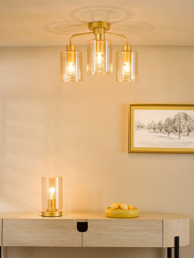 Next Dar Lighting Daylin Satin Gold & Amber Ribbed Glass 3-Light Semi Flush Ceiling Light- Buy online at McGrocer