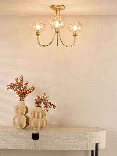 Next Dar Lighting Satin Gold & Champagne Ribbed Glass Cognac 3 Light Semi Flush Ceiling Light- Buy online at McGrocer