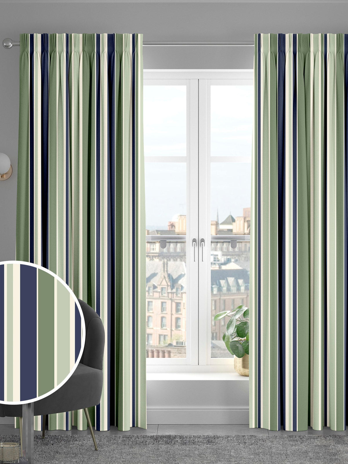 Green Huddson striped cotton curtains made to measure, UK version