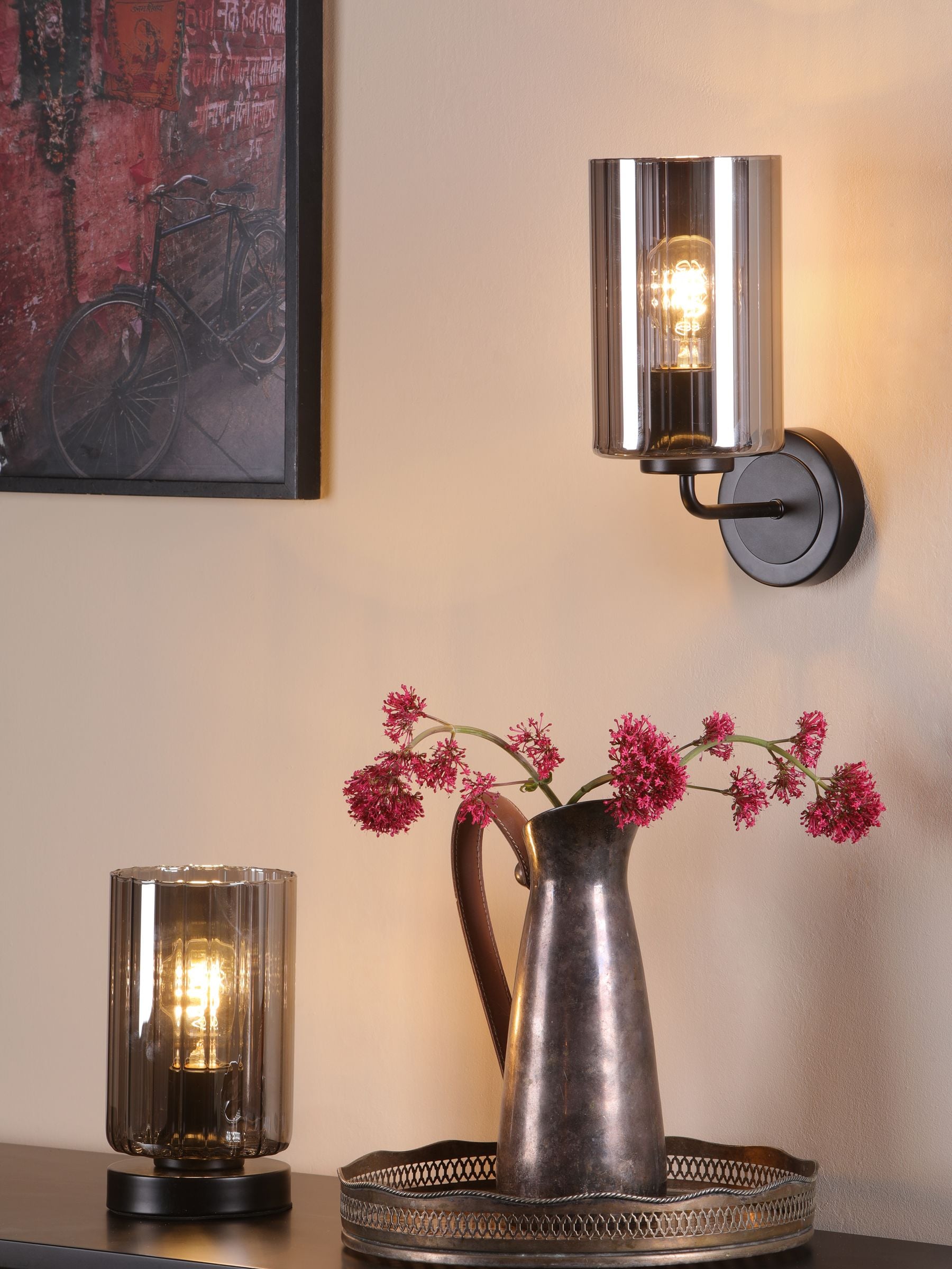 Dar Lighting Daylin wall light satin black smoked ribbed glass (British brand)