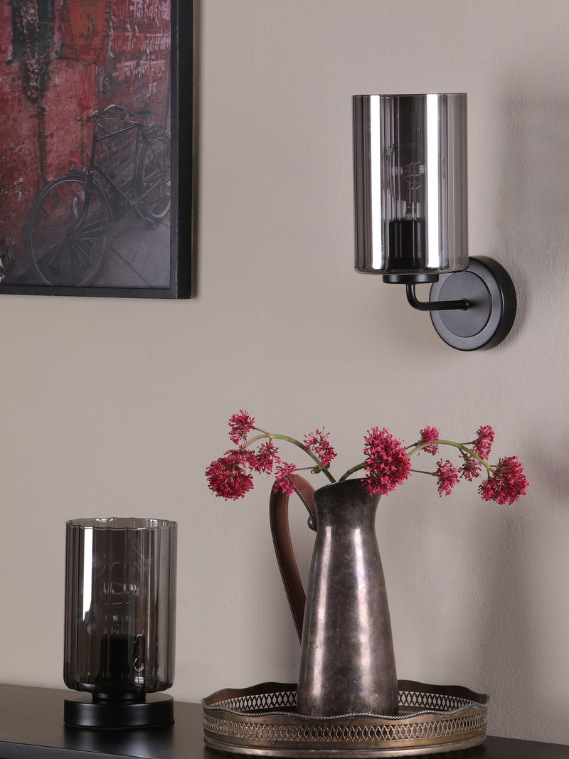 Dar Lighting Daylin wall light satin black smoked ribbed glass (British brand)