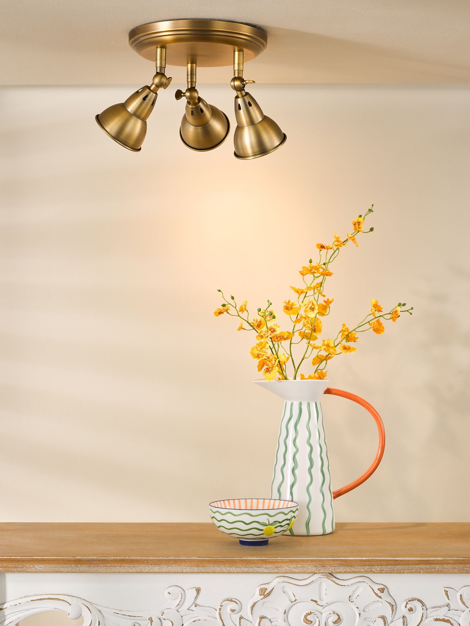 Dar Lighting Nathaniel aged brass 3 light ceiling, imported from the UK