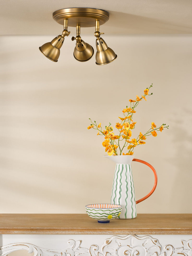 Dar Lighting Nathaniel aged brass 3 light ceiling, imported from the UK