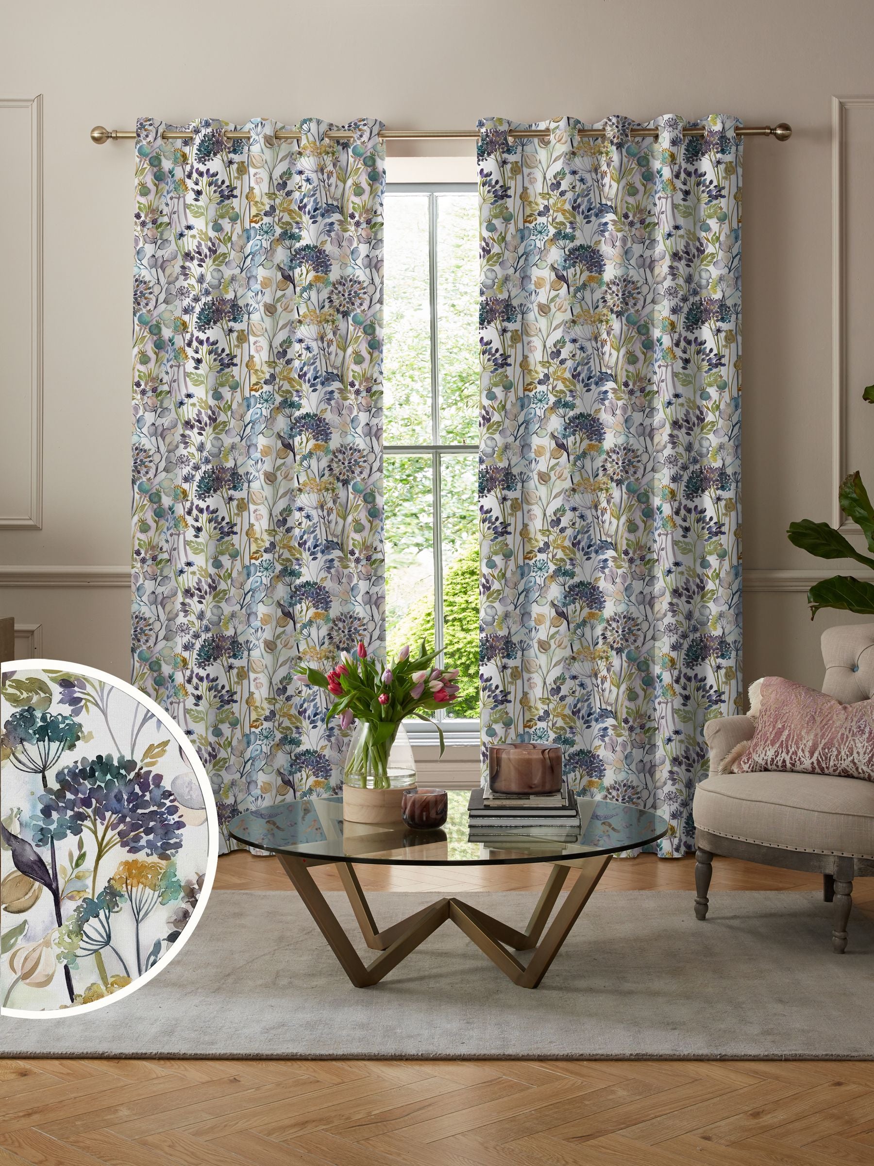 Voyage Maison Sky Blue Country Hedgerow made to measure curtains, imported from the UK