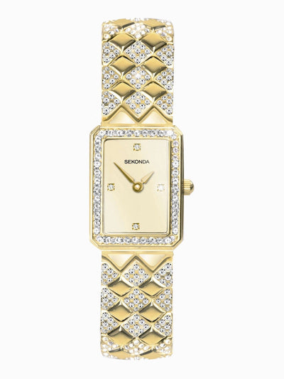 Next Ladies Gold Tone Stone Set Watch with Quilted Bracelet and Black Dial- Buy online at McGrocer