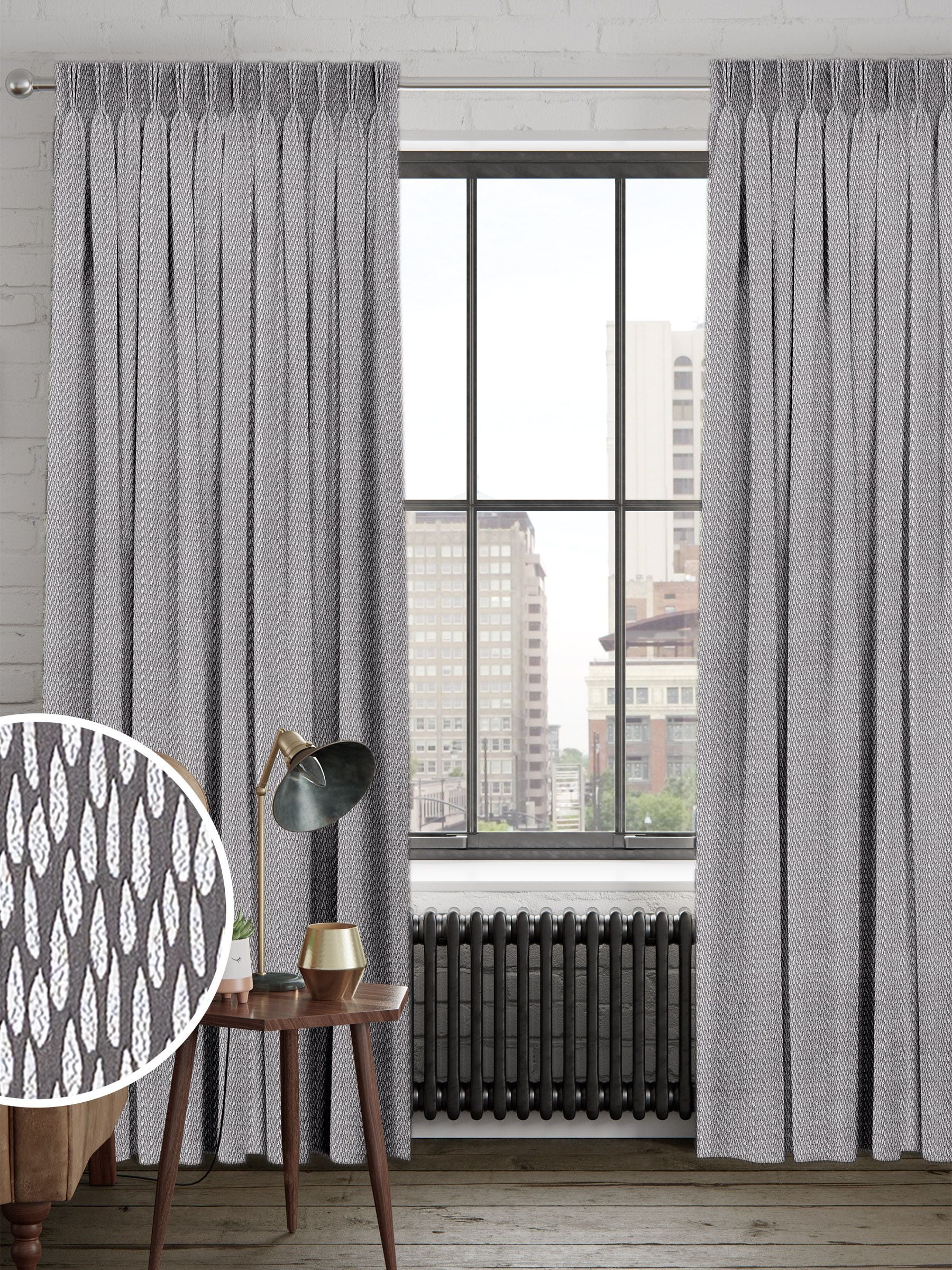 Charcoal grey made to measure curtains teardrop woven design, imported from the UK