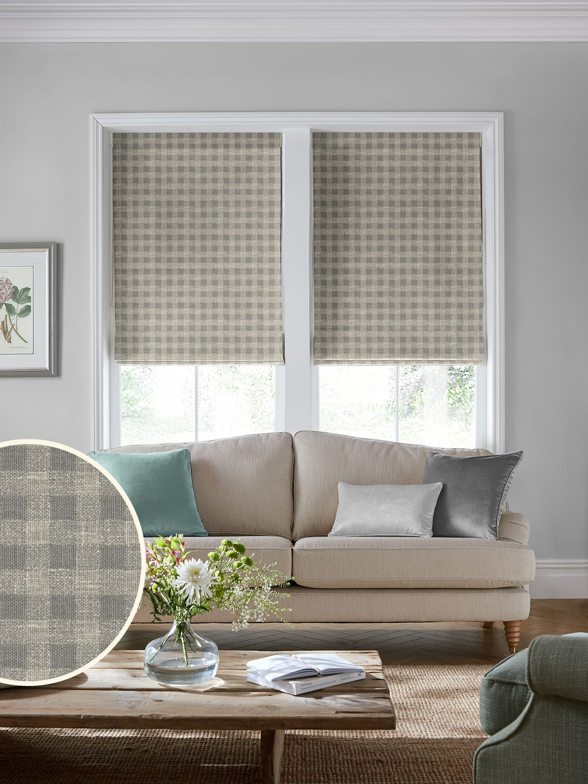 Laura Ashley grey gingham Roman blind made to measure, imported from the UK