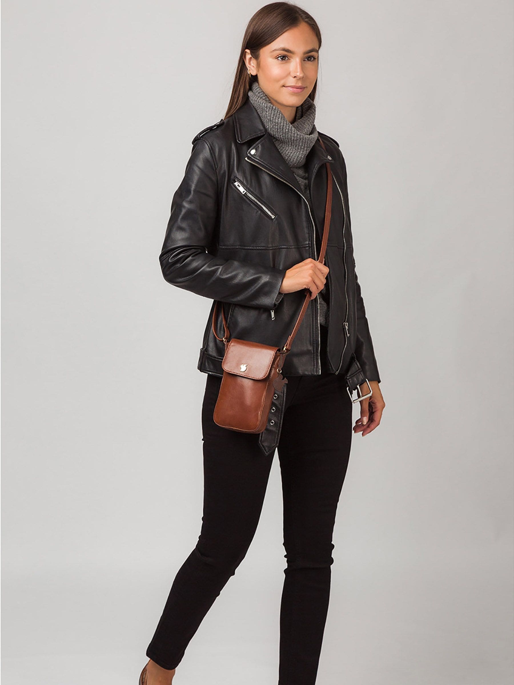 Conkca conker brown leather cross-body bag with gold fittings - British product
