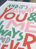 Sketchbook Design typography print You and Me A4 frame, UK version