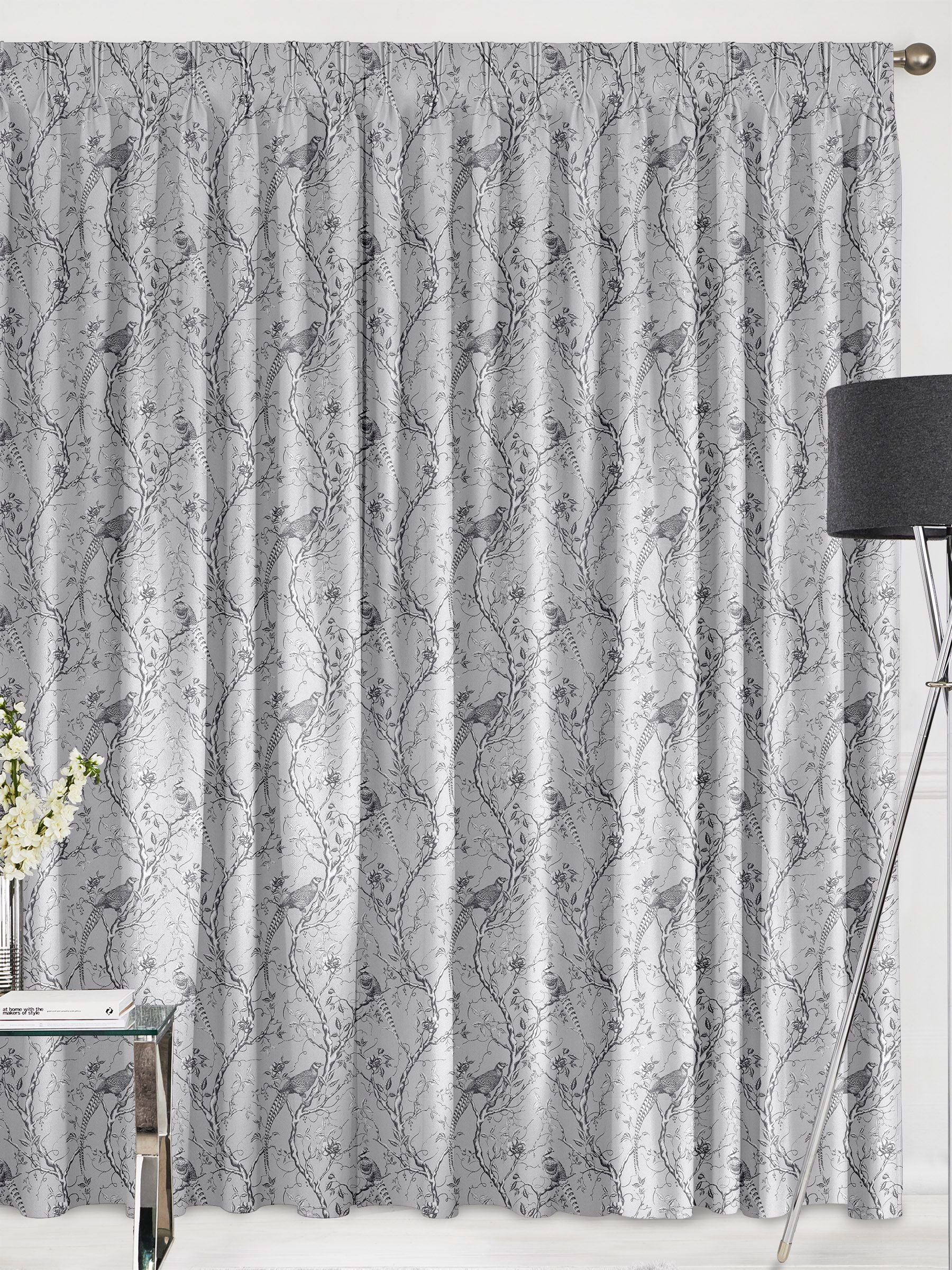 Silver Carren grey curtains with woven bird design, UK version