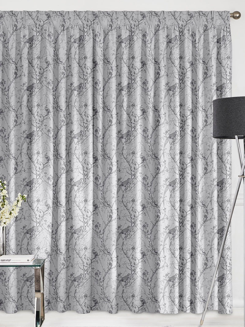 Silver Carren grey curtains with woven bird design, UK version