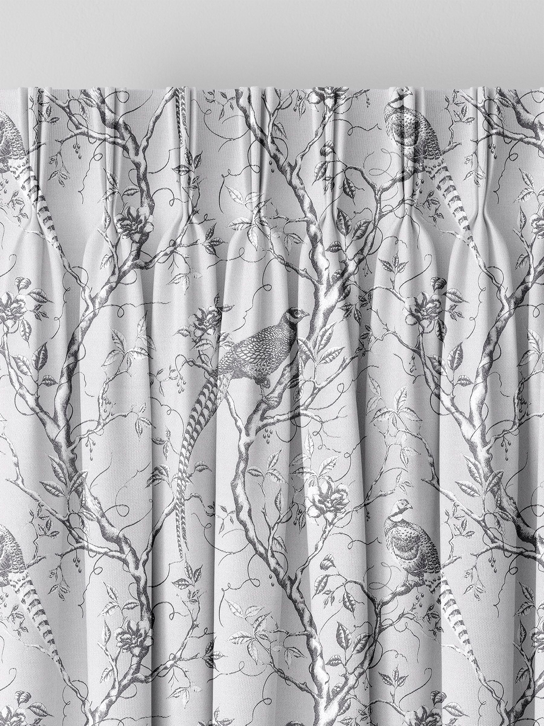 Silver Carren grey curtains with woven bird design, UK version