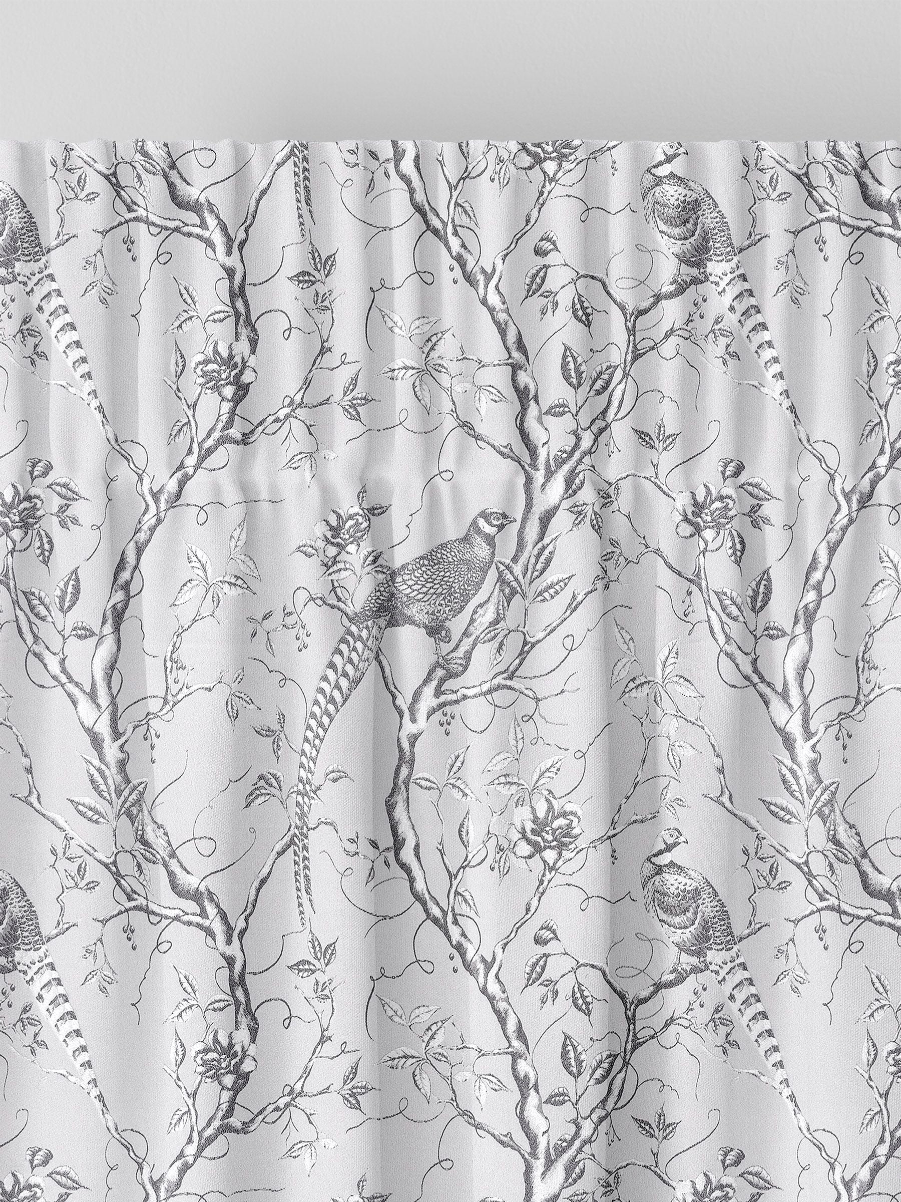 Silver Carren grey curtains with woven bird design, UK version